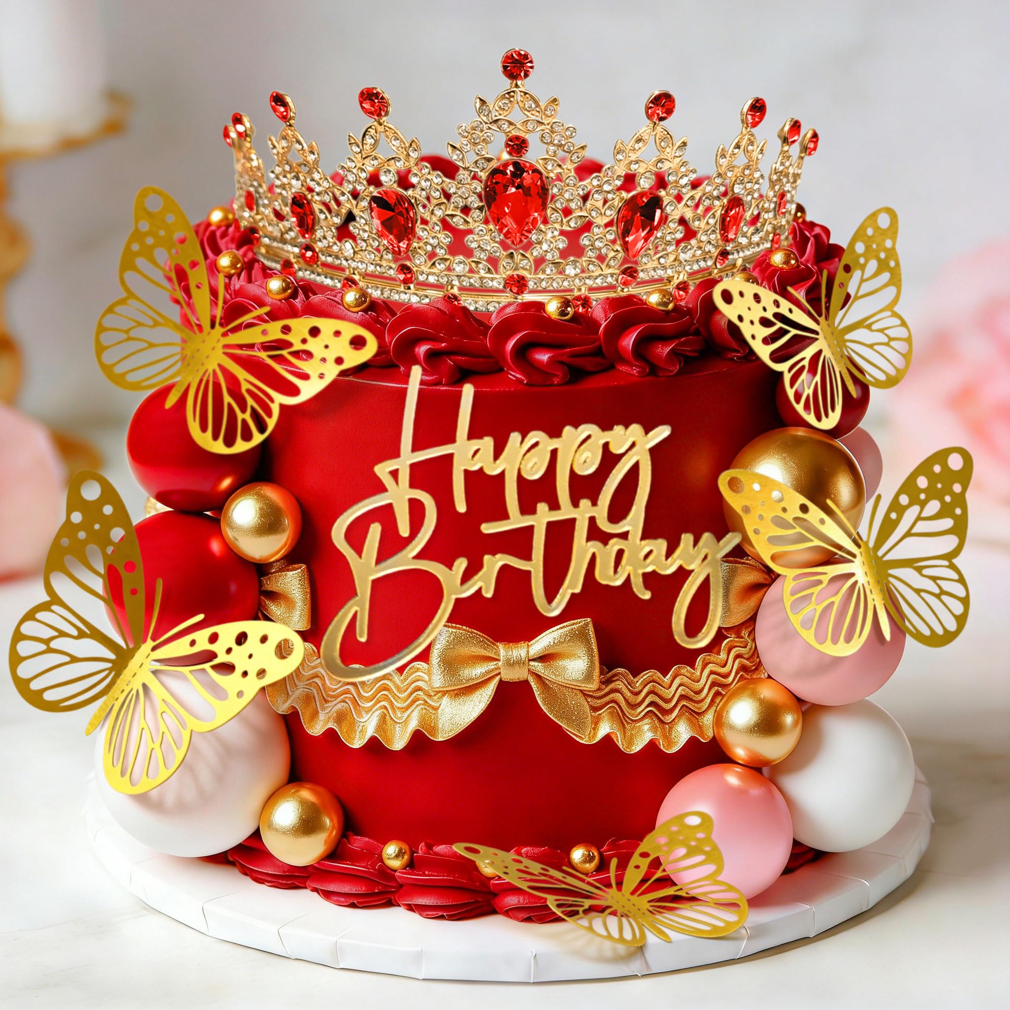 Red Queen Crown Cake Topper Gold Balls Cake Decor Crown Birthday Gold Butterfly Sign for Birthday Baby Shower