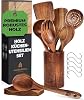 Wooden Cooking Cutlery Set with Holder Spatula Cooking Spoon Ladle Pasta Server Serving Spoon Strainer - with Hook Holder and Shelf - 13 Piece Set Kitchen Set - High Quality & Sustainable