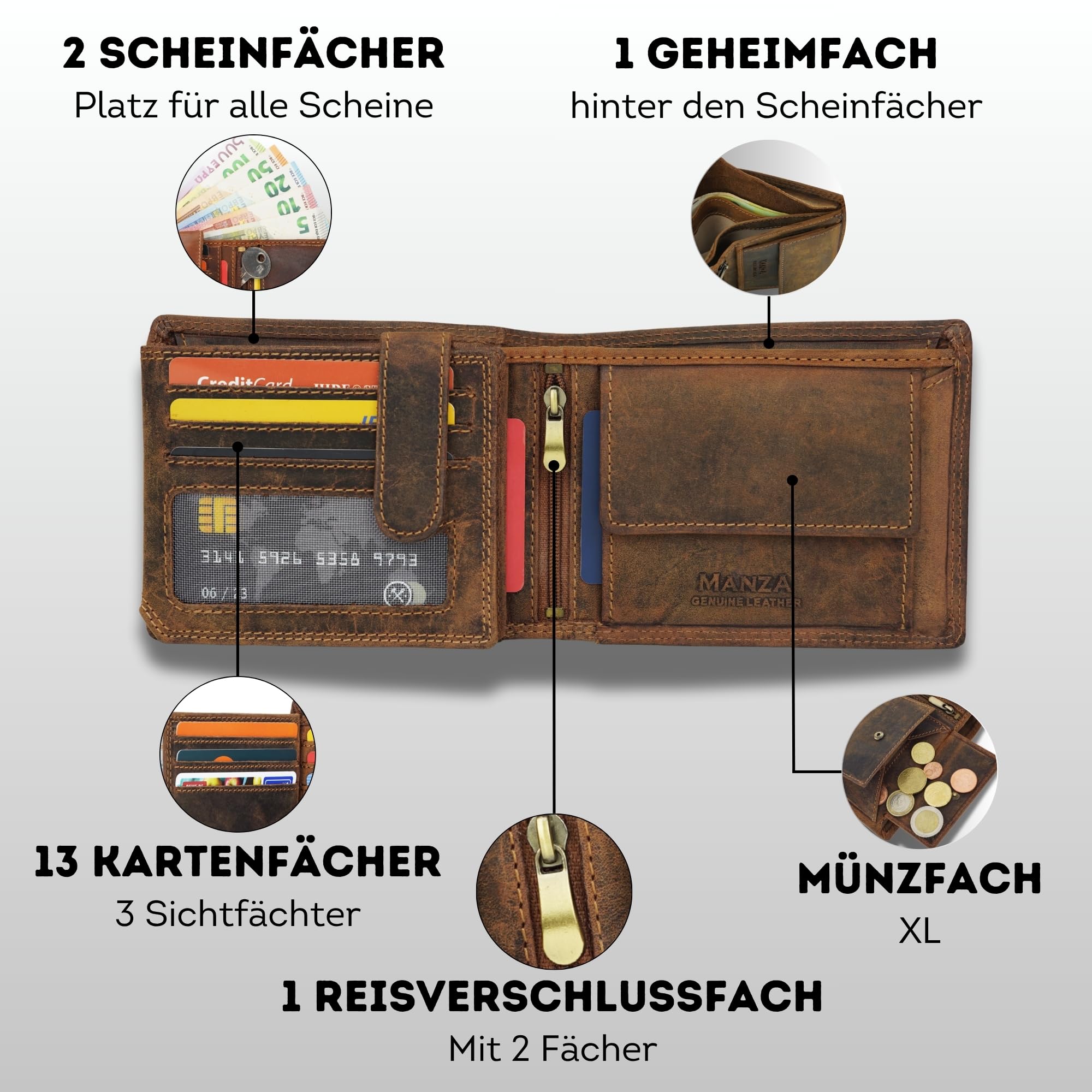 Manza Cartera de piel para hombre con protección RFID y compartimento secreto, monedero de piel auténtica para hombres con caja de regalo, doble costura extraestable, formato horizontal, marrón, 12 x