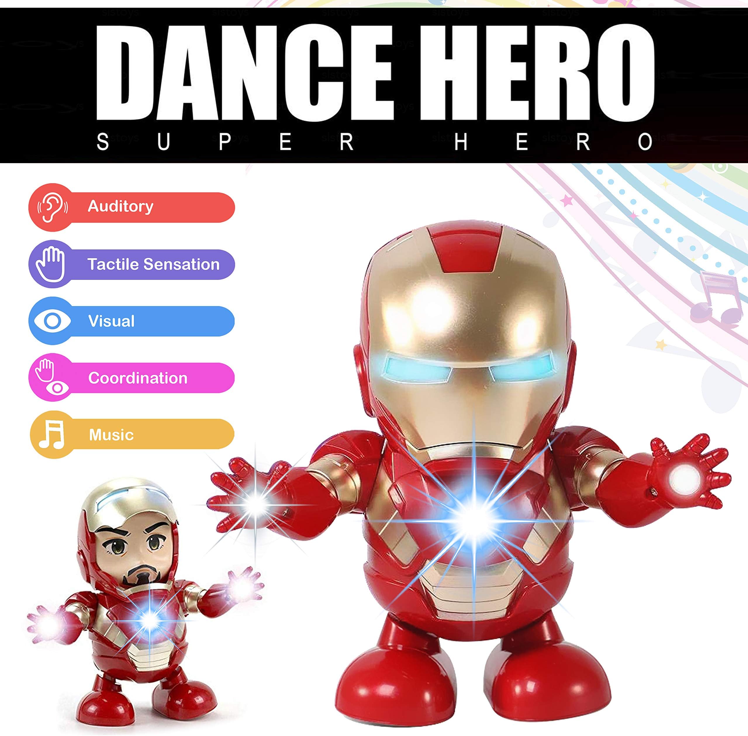 Wembley Toys Marvel Avengers Iron Man Dance Hero Action Figure Robot Toy with Real Dance Move, Music and Lights - 7.5 Inches Tall