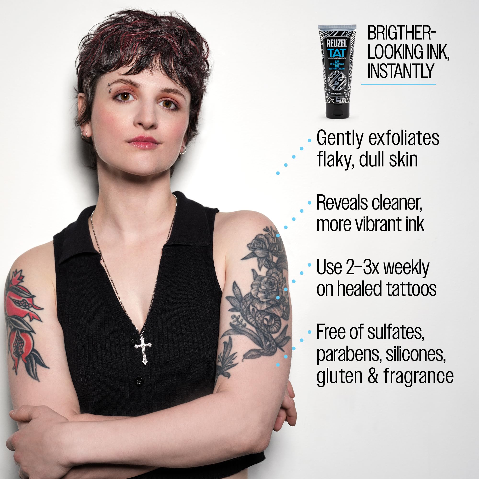 REUZEL Buff peeling złuszczający, delikatny peeling do oczyszczania tatuażu, rozjaśnia, wygładza, ujawnia definicję i kolor, nieszkodliwa, wegańska formuła, 95 ml | Scrub for Healed Tattoos with Fruit Enzymes. Brightening and Gentle Exfoliating Body Wash.