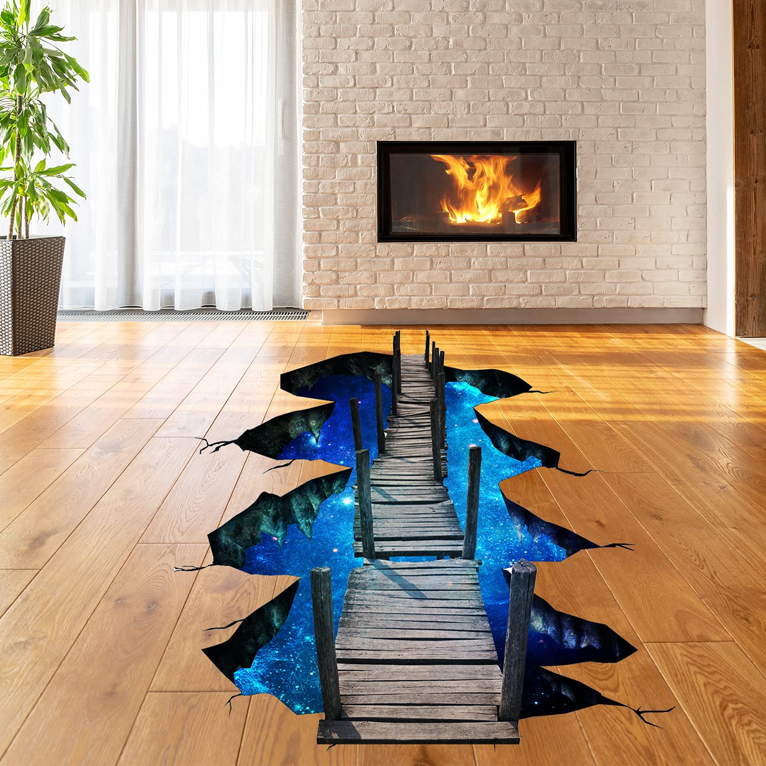 Calcomanía de vinilo para el piso del puente espacial 3D – Baño sala de estar piso galaxia calcomanías de decoración para niños aula calcomanía
