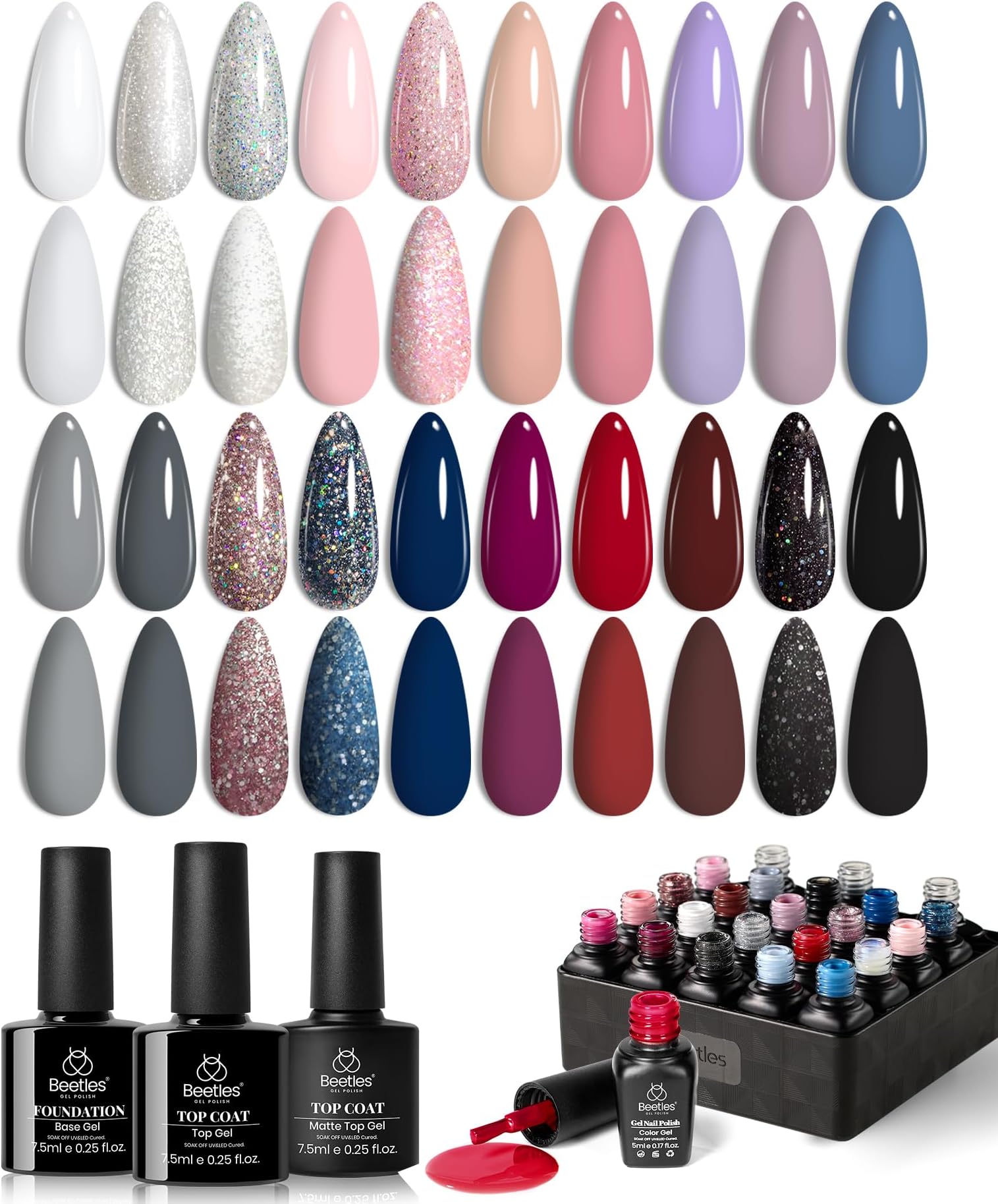 Beetles Gel Polish Kit, Nude Gray Pink Blue Burgundy Glitter Gel Polish Set Modern Muse Collection with 3Pcs Base Matte Glossy Top Coat Soak off Uv Gel for Women
