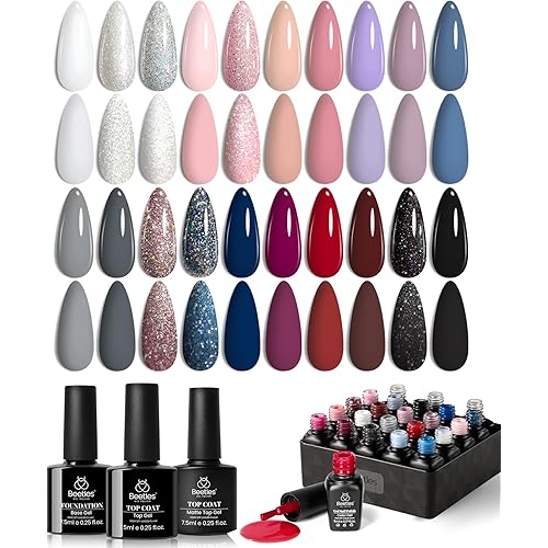 Beetles Gel Polish Kit, Nude Gray Pink Blue Burgundy Glitter Gel Polish Set Modern Muse Collection with 3Pcs Base Matte Glossy Top Coat Soak off Uv Gel for Women