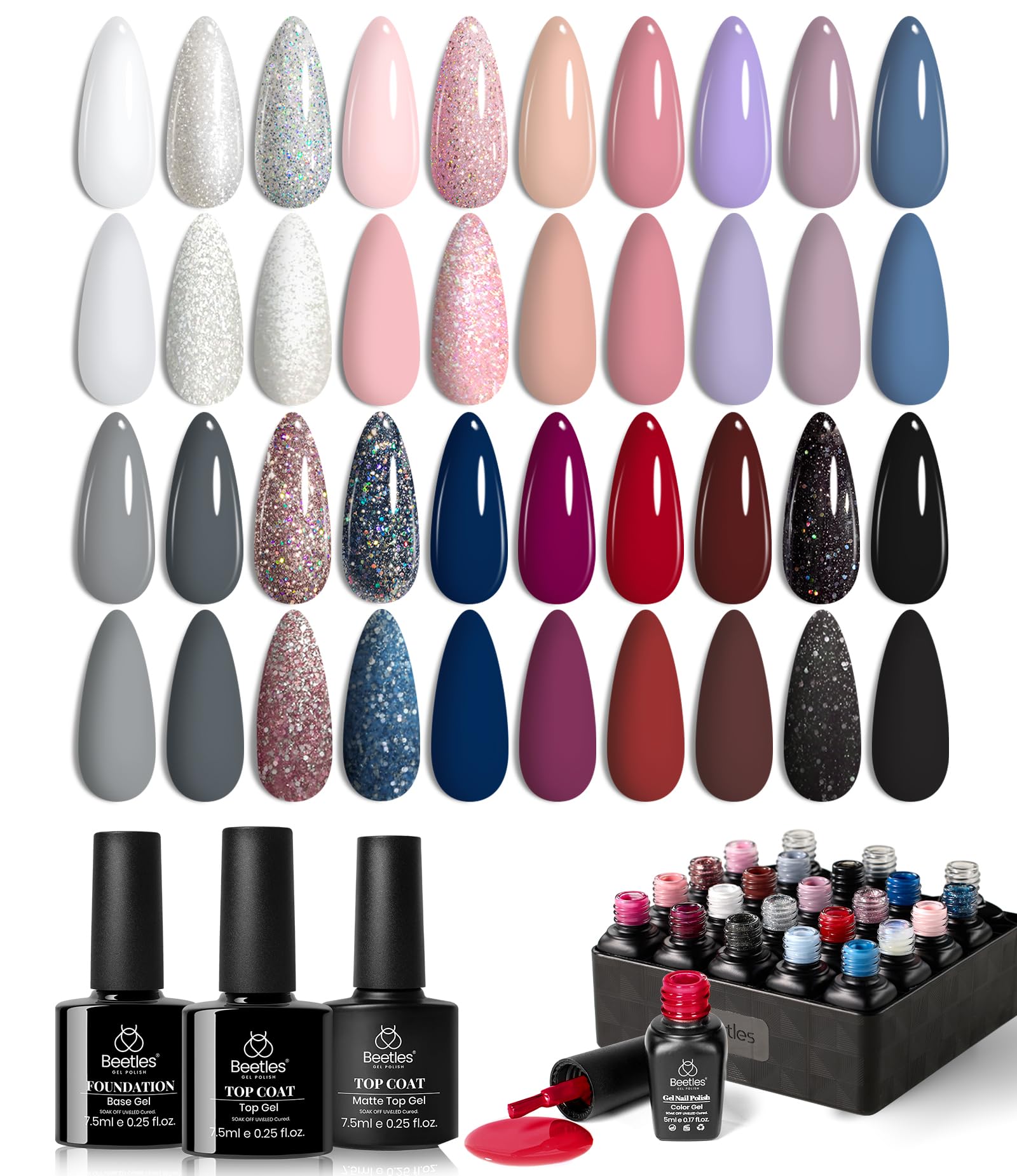 Beetles Gel Polish Kit, Nude Gray Pink Blue Burgundy Glitter Gel Polish Set Modern Muse Collection with 3Pcs Base Matte Glossy Top Coat Soak off Uv Gel for Women