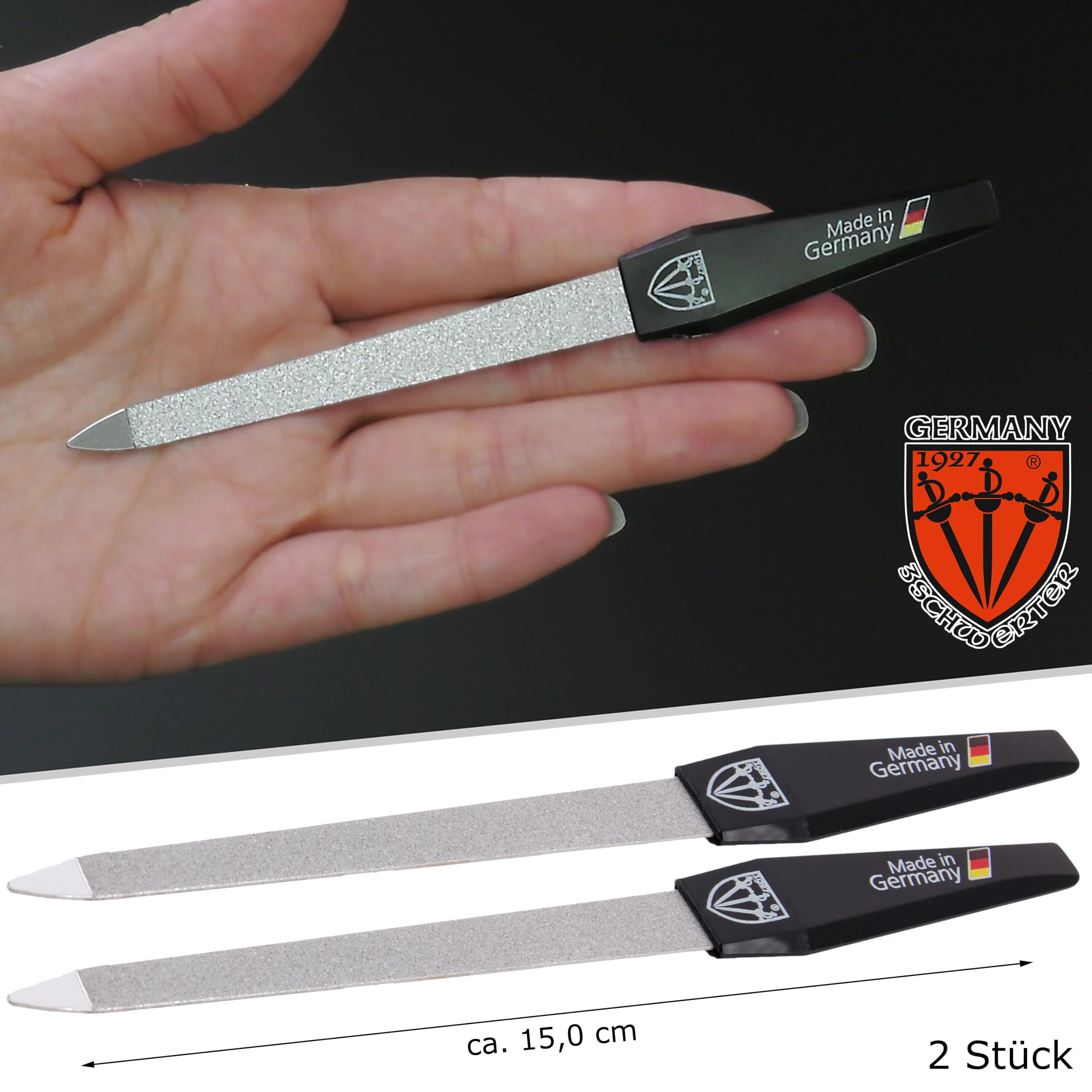 DREI SCHWERTER - Szafirowe pilniki do paznokci zestaw 2 + 1 | wysokiej jakości zestaw do manicure i pedicure, Made in Germany | Zawartość: 2 x szafirowy pilnik do paznokci i 1 x trójdrożna polerka do