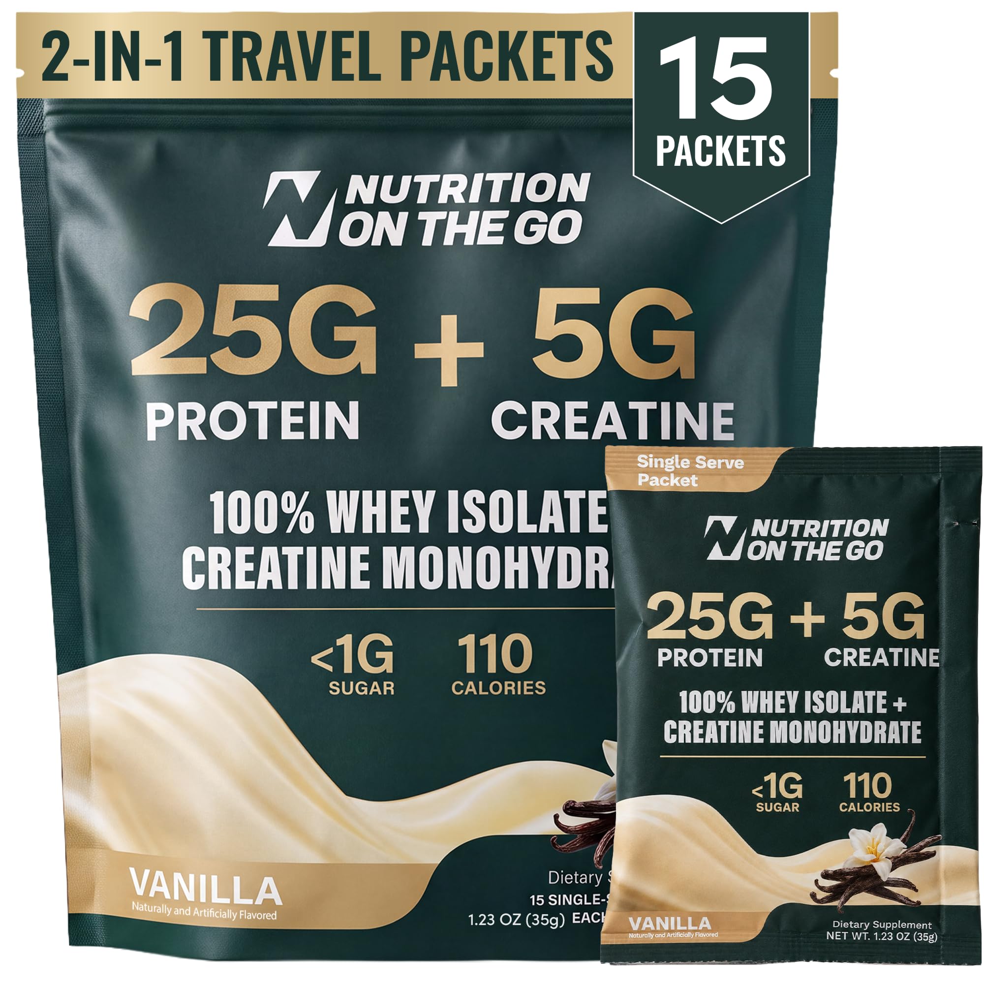 2-in-1 Whey Protein Isolate + Creatine Travel Packets, Vanilla, 15 Pack Vanilla 15 Packets