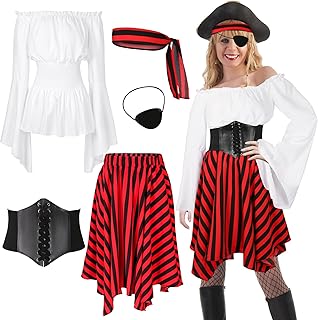 Cosrea Pirate Costume Adult Women Renaissance Shirt Bandana Corset Waist Belt Eye Patch Halloween Pirate Queen Outfit - Buy now