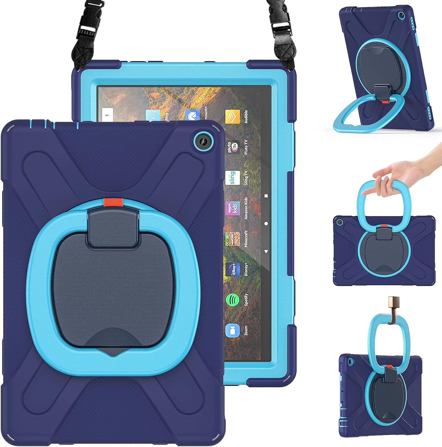 BRAECN Kids Case for Amazon Fire HD 10/ Fire HD 10 Plus Tablet 11th Generation 2021, Rugged Silicone Cover with Stable Kickstand, Handle Grip, Shoulder Strap for Amazon Fire HD 10 Plus Case 2021, Navy
