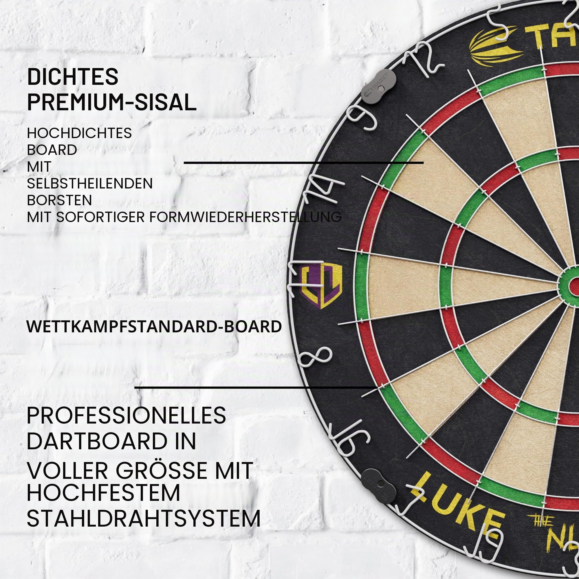 Target Darts Player Dartboard Set | Luke Littler/Dimitri Van den Bergh/Gabriel Clemens | Dartscheibe in Spieler-Edition mit 2 Set Steel-Dart-Dartspitzen, Wurf-Linie nach Wettkampfstandard | Profi-Dart
