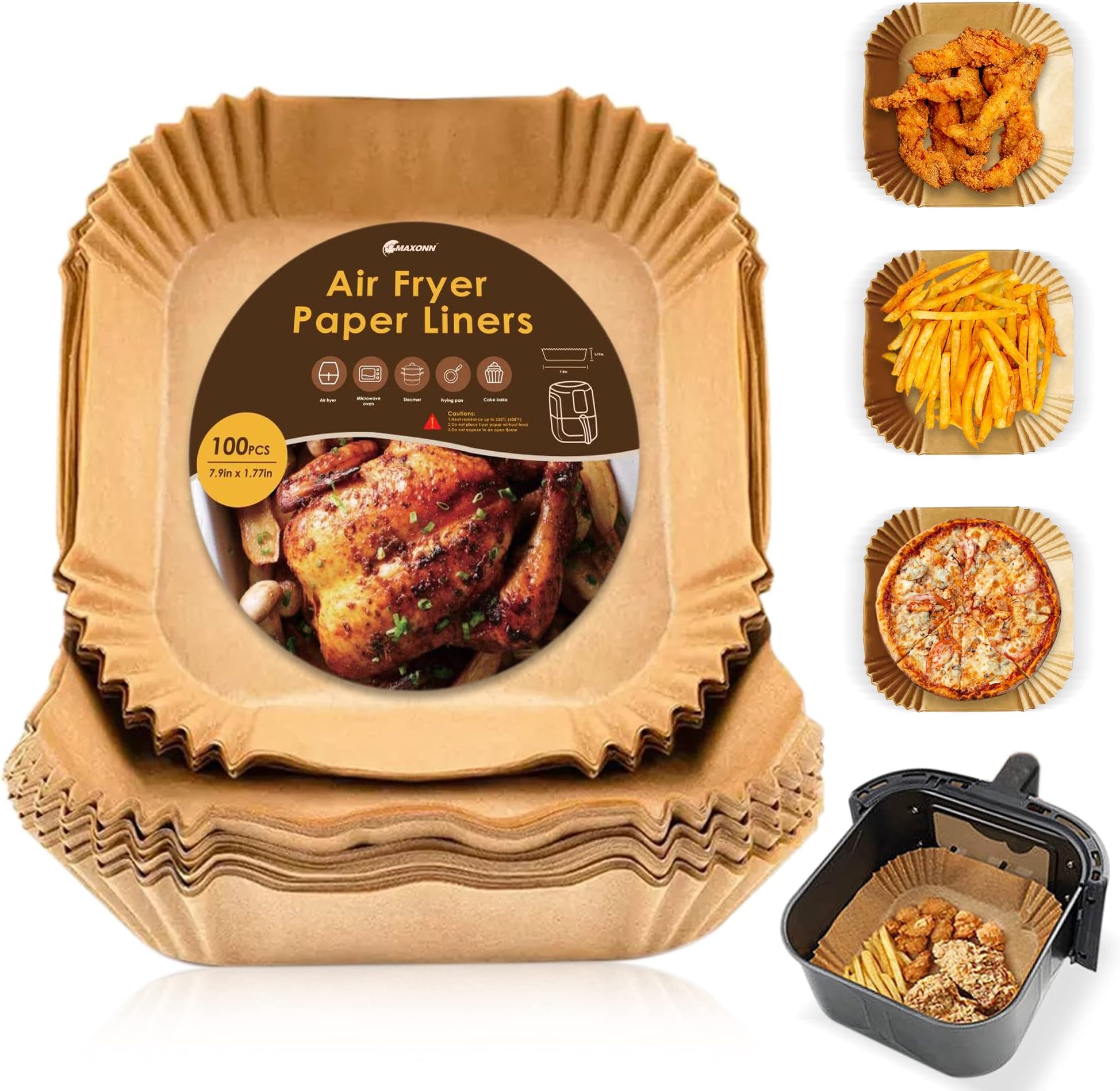 YVS® Papier Cuisson Air Fryer, x100 Carré, Papier Air Fryer, Accessoires Air Fryer, Air Fryer