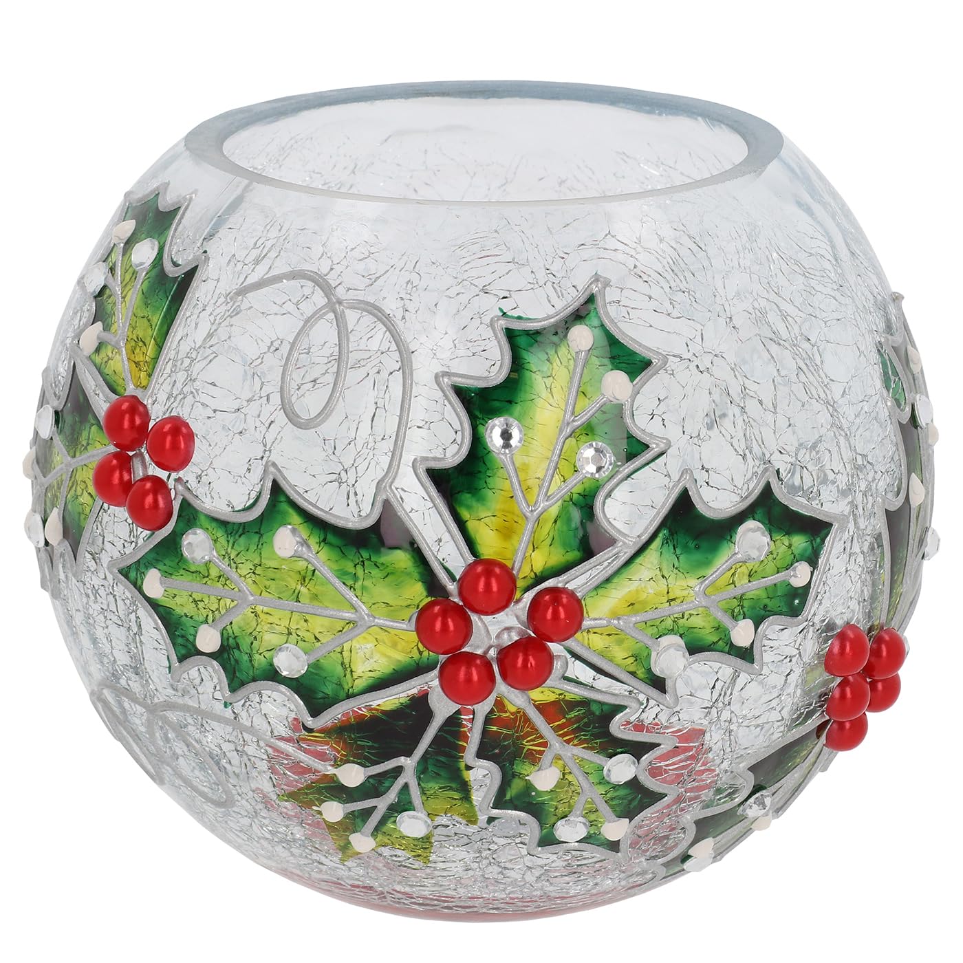 Shudehill Giftware Xmas Crackle Glass Tealight Holder Large Holly Design