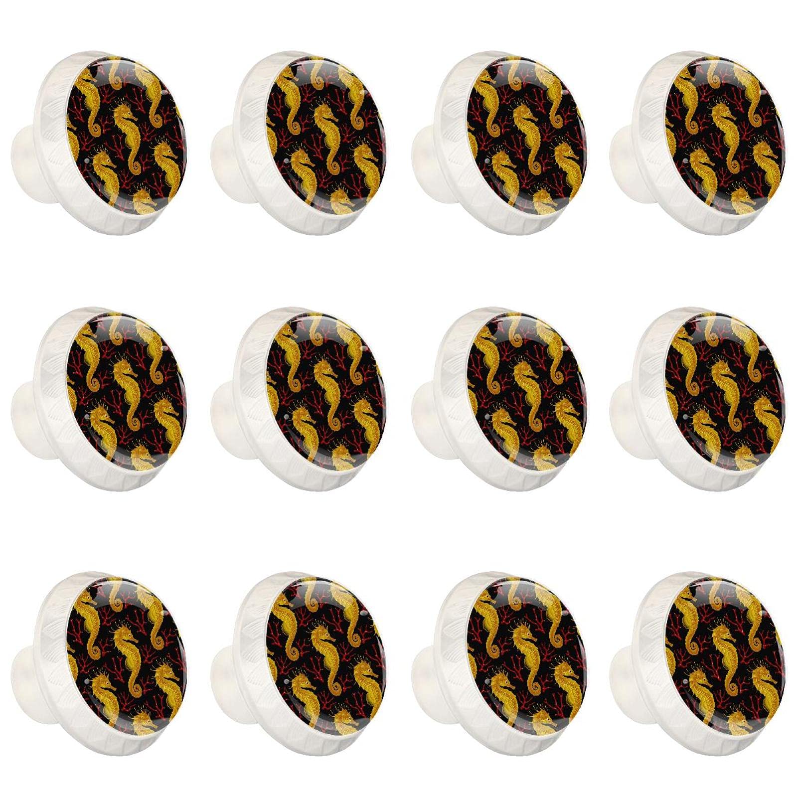 Boutons d'armoires de cuisine motif cheval de mer jaune - Lot de 12