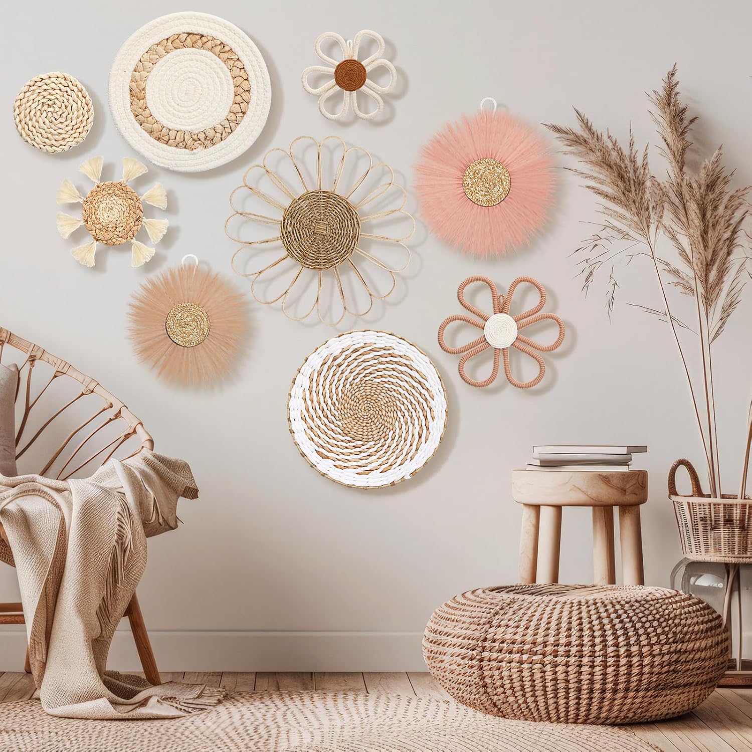 Chunful 9 Pcs Boho Nursery Wall Decor Daisy Flower Woven Macrame Seagrass Rattan Basket Wall Hanging Bohemian Decorations Gifts for Home Dorm Art Farmhouse Bedrooms Living Room(Pink Brown)