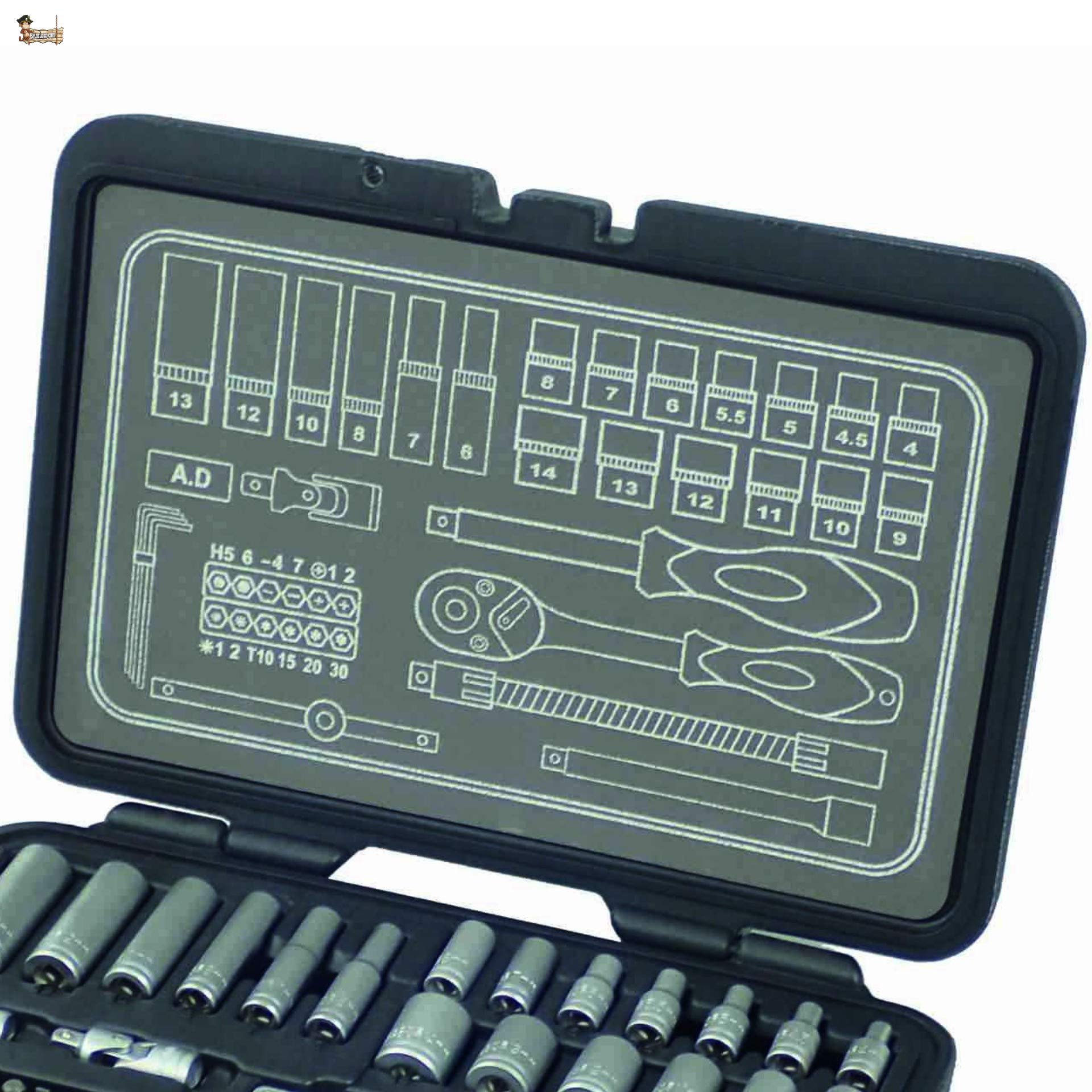 BricoLoco Valigetta Set Chiavi a Bussola e Cricchetto 1/4" 42 Pezzi Realizzato in Acciaio Cromo Vanadio Robusta Valigetta con Chiusura Metallica e Piatto Croquis di Posizionamento dell'Attrezzo