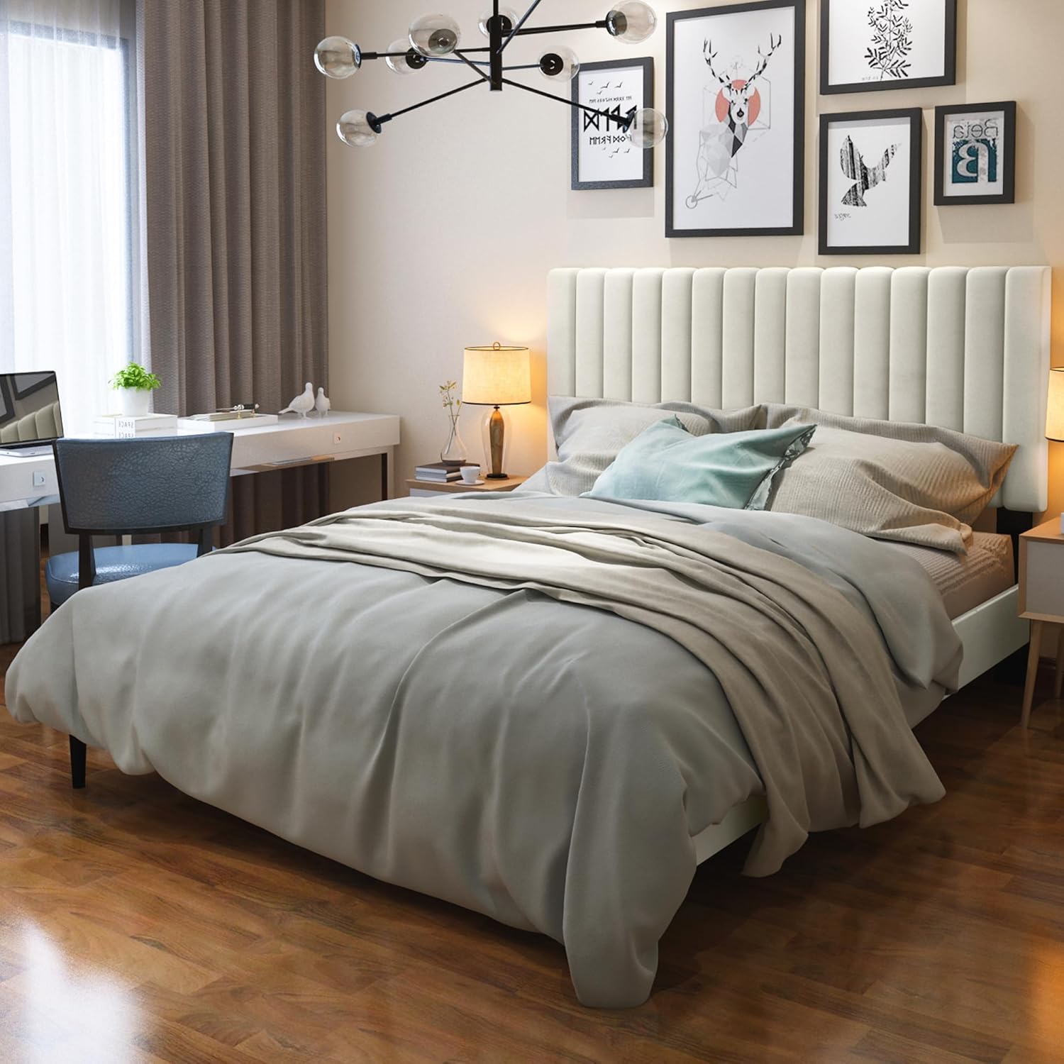 Queen Size Bed Frame with Velvet Upholstered Headboard, Sturdy Platform Bed, No Box Spring Needed, Easy Assembly (Beige) Queen Beige