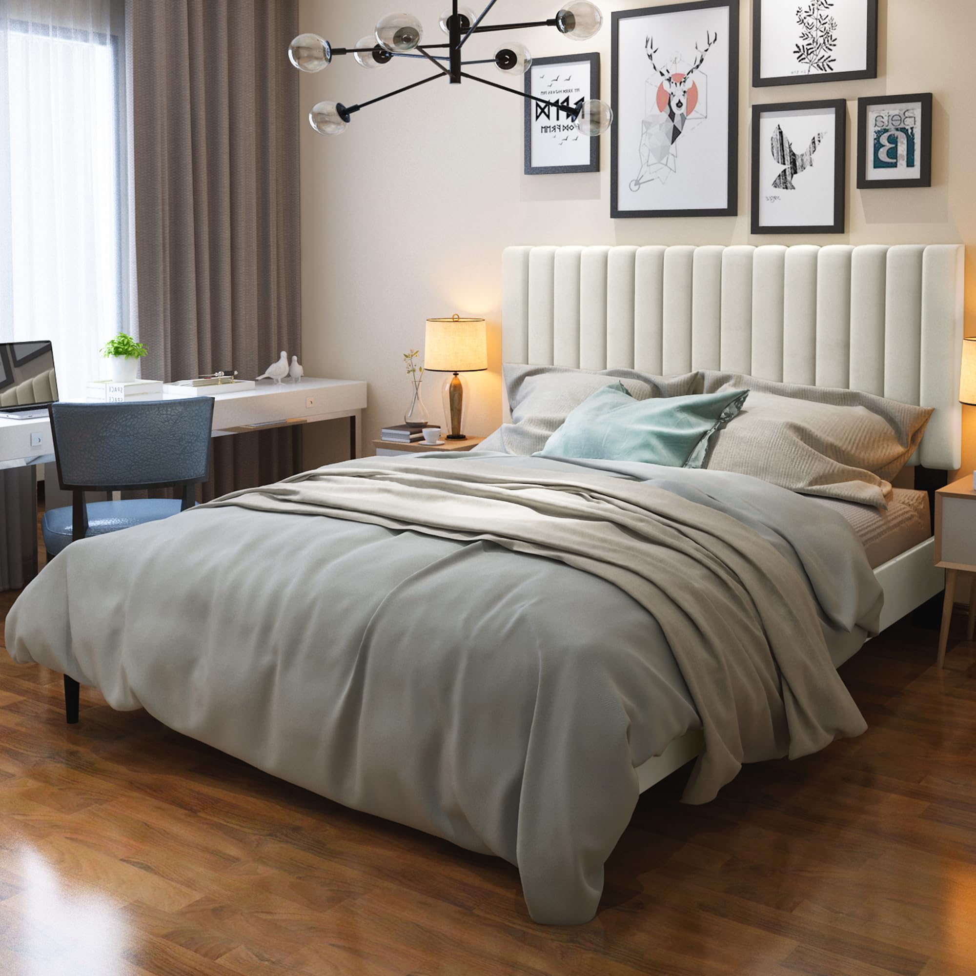 Full Size Bed Frame with Headboard, Velvet Upholstered Platform Bed Frame Full Size, Heavy Duty Metal Frame, No Box Spring Needed, Easy Assembly (Beige, Full)