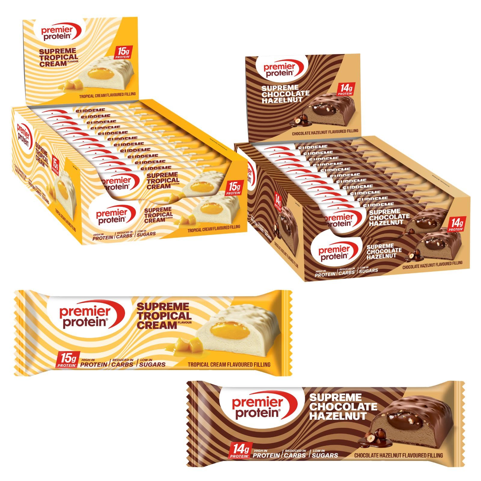 Premier Protein - Supreme Bar - Bundle - Tropical Cream (12x42g) + Chocolate Hazelnut (12x42g) - Hoher Proteingehalt - Low Sugar - Palmölfrei