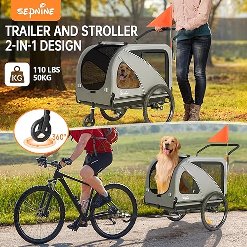 Miniatura 2 de Sepnine Remolque de bicicleta para perros, soporta hasta 110 libras, carrito de cochecito de mascotas 2 en 1, marco de carrito plegable fácil con