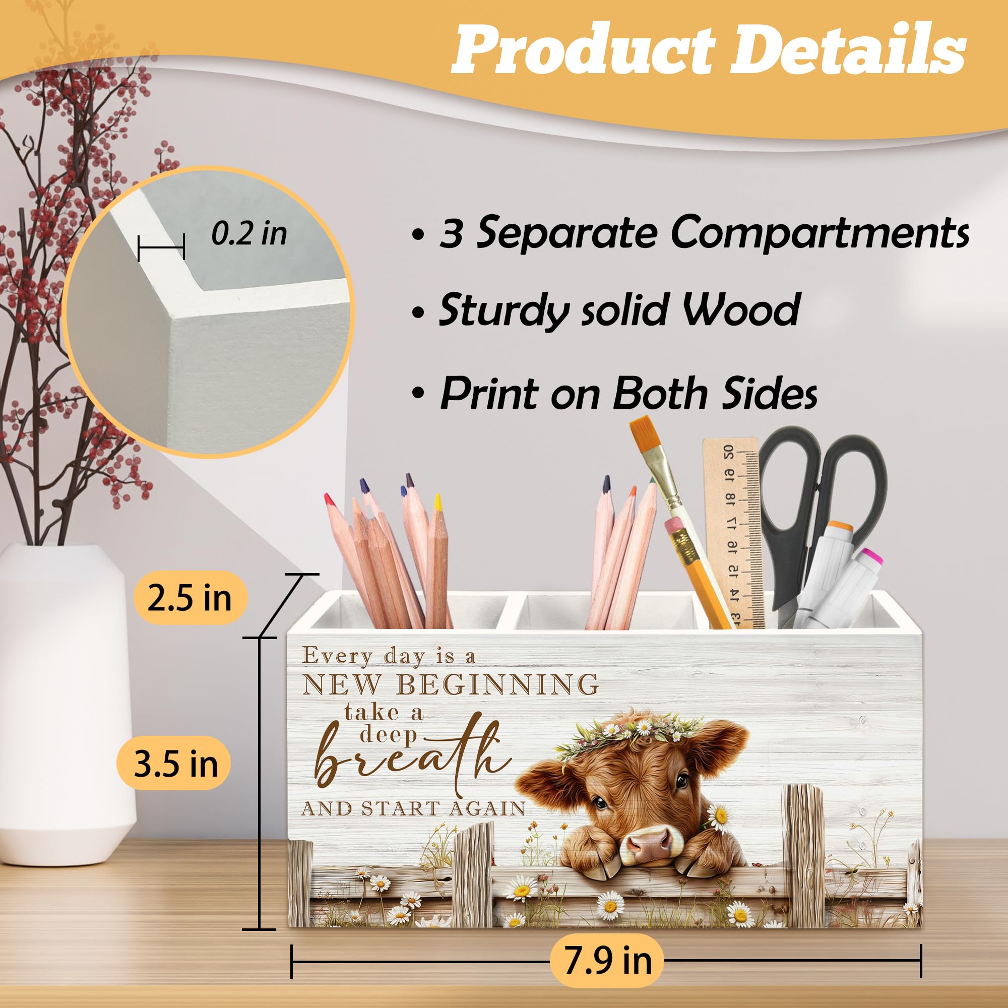 Motivierender Stiftehalter aus Hochlandkuh, Organizer für Schreibtischzubehör, Hochlandkuh, Geschenke für Frauen, Bauernhaus, Gänseblümchen, Blumenfärse, Holzbox, Schild