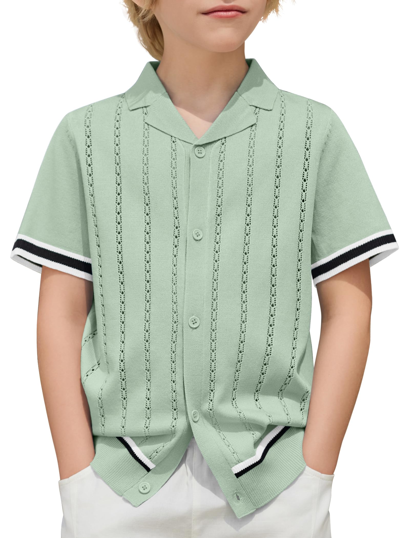 Arshiner Boys Knit Shirts Short Sleeve Button Down Shirt Vintage Fashion Casual Summer Beach Shirts for Kids 5-13 Years