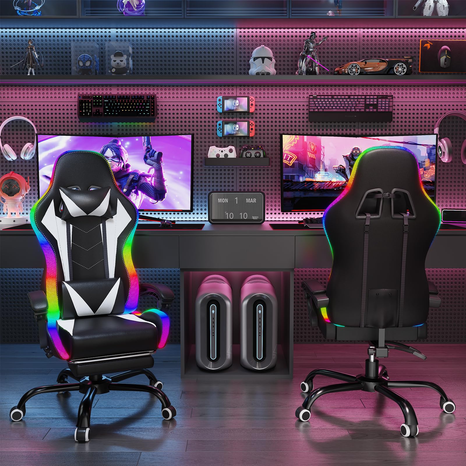 Devoko Sedia da Gaming con Massaggiante Schienale Regolabile 90-135°, Sedia Gaming con LED e Poggiapiedi Telescopico,Poltrona Gaming Ergonomica Portata 150 kg (Bianca)