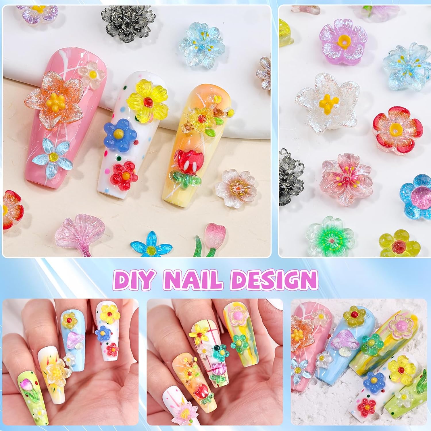 400Pcs Flowers Slime Charms, Assorted Cute Embellishments Kawaii Slime Mixed Colors Daisy Bulk Flatback Resin Charms for Junk Case Nail Scrapbooking Crafts Making(TransparentFlowers) - Image 9