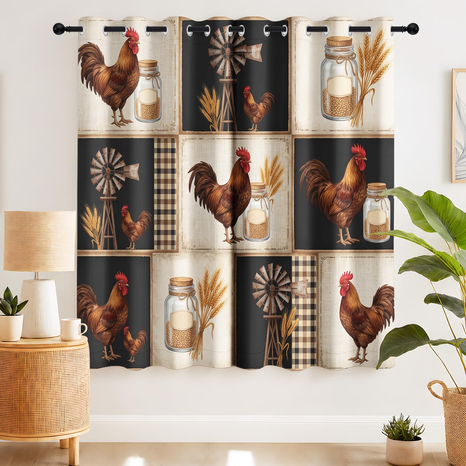 Generisch Vorhänge Wohnzimmer Kariert Landhausstil, Gardinen Blickdicht Hühner Schalldämmend Energiesparend, Thermo Sichtschutz für Privatsphäre Ösen, B 132 x H 160 cm