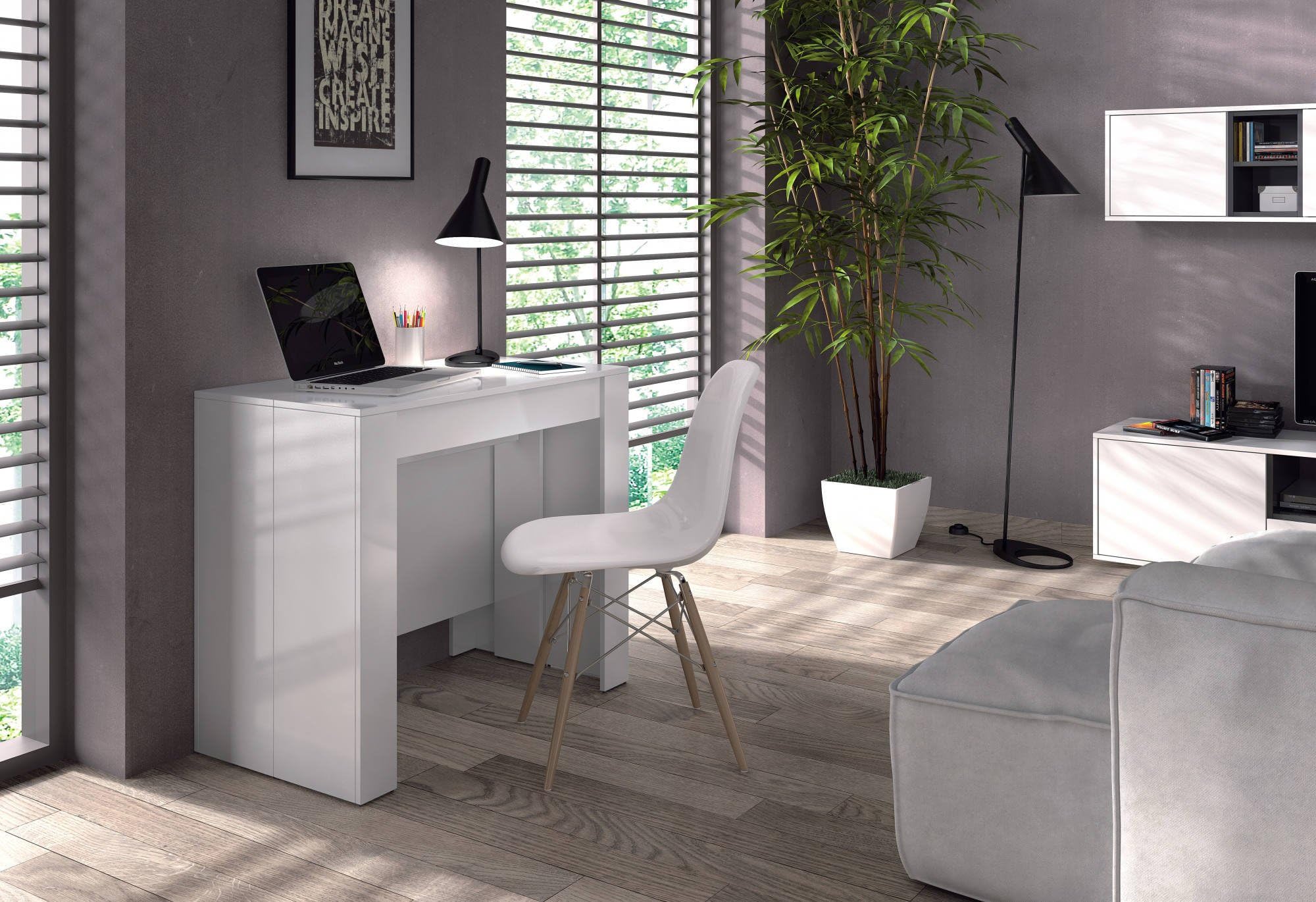 Dmora - Consolle Compton, Tavolo da pranzo allungabile, Tavolo con allunghe multiuso estensibile fino a 10 posti, 51/237x90h78 cm, Bianco Lucido
