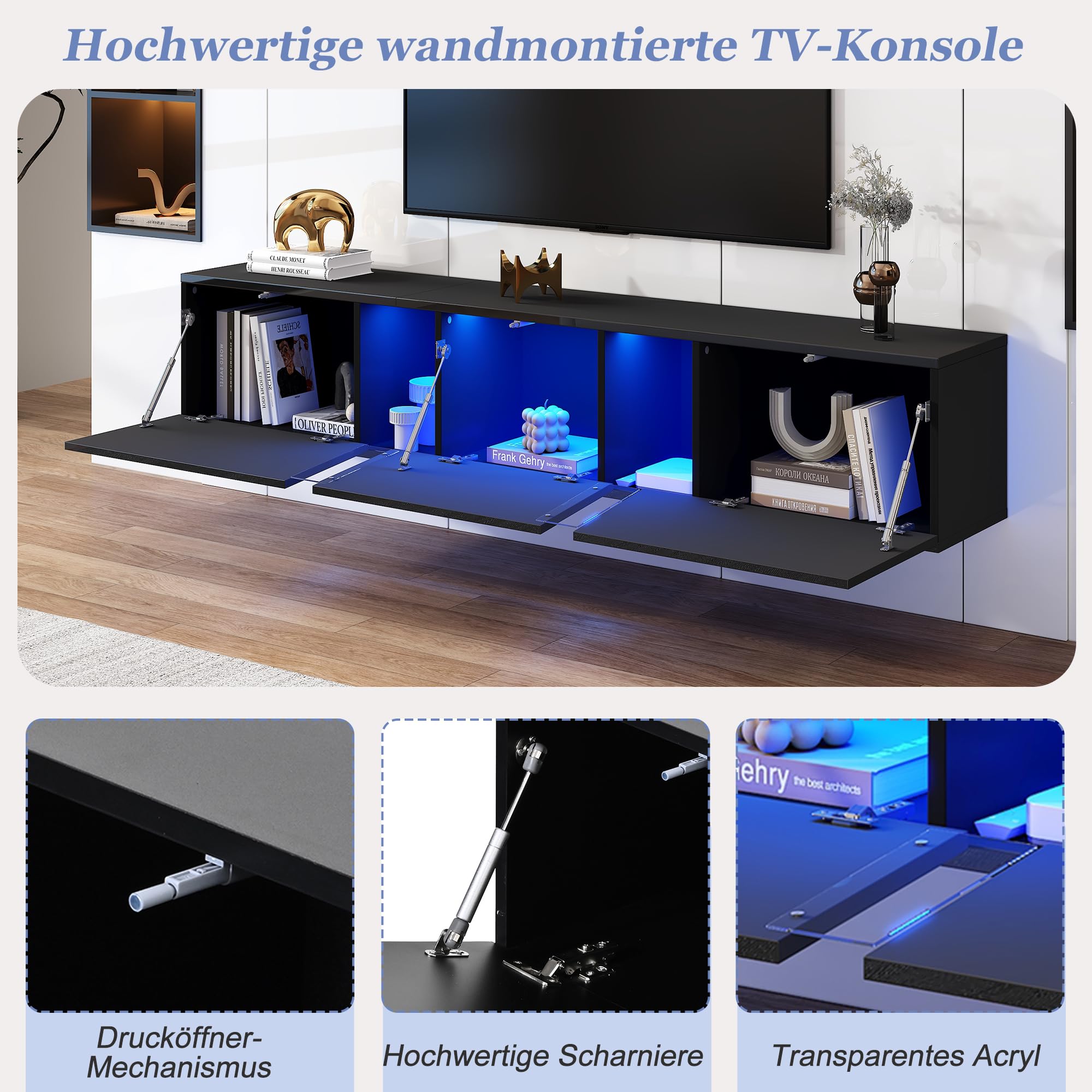 180 x 35 x 30 cm, mobile TV a parete, mobile basso con luci a LED, con 3 ante, adatto per TV da 75 pollici, mobile TV lucido, nero