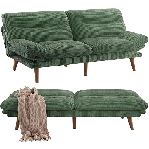 Pipishell Futon Sofa Bed, 73" Convertible Futon Couch, Adjustable Backrest & Armrests, Corduroy Recliner Sleeper Sofa for Small Spaces, Living Room, Office, Guest Room (Green, 73 Inch) - 73 Inch - Green