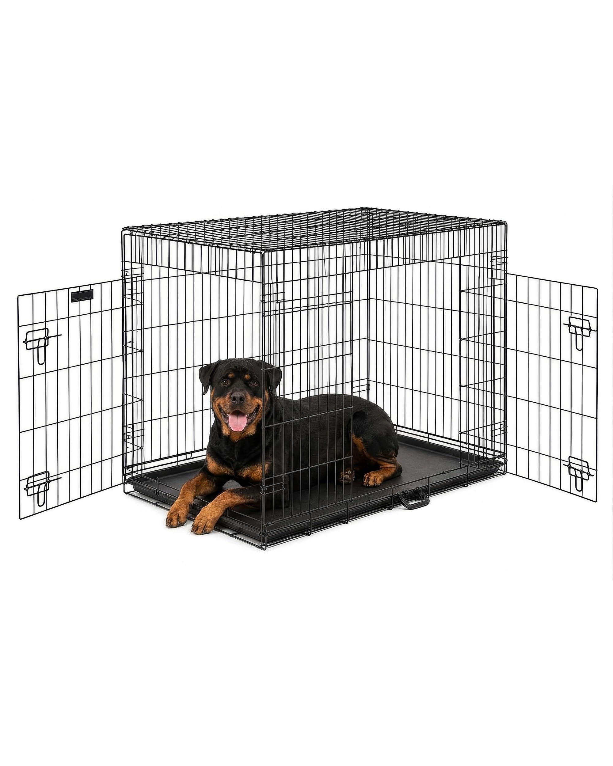 FurDreams 42" Folding Dog Crate for XL Dogs - Heavy-Duty Black Metal Cage with Front & Side Doors, Chew-Resistant Plastic Tray & Carry Handle, Quick Setup (107 × 69 × 77 cm)