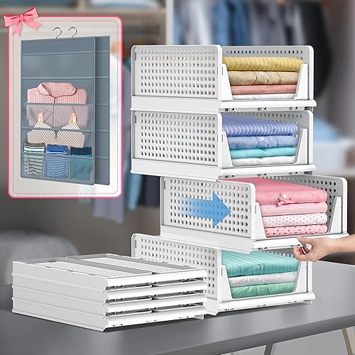 AOSION Paquete de 4 cestas de almacenamiento apilables de plástico con organizador de armario colgante gratuito, contenedor plegable para disponible en Yaxa Colombia