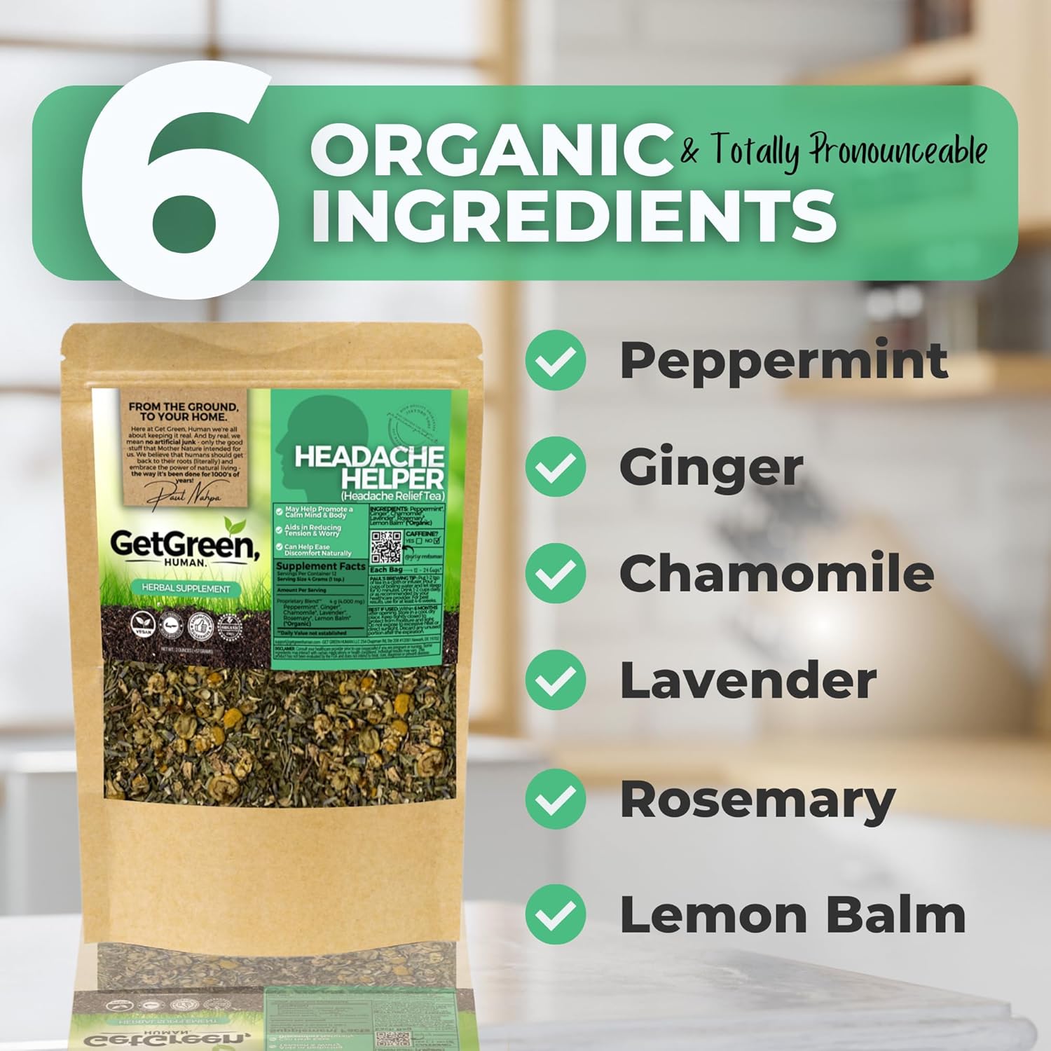 Tension and Relief Loose Leaf Tea w/ Peppermint, Ginger, Chamomile | Organic Herbal Tea | 2 oz (57 gram) | Decaf, Vegan, Healthy, ZERO Caffeine, Organic, Herbs, No Natural or Artificial Flavors, Resealable Bag | Headache Helper by Get Green, Human