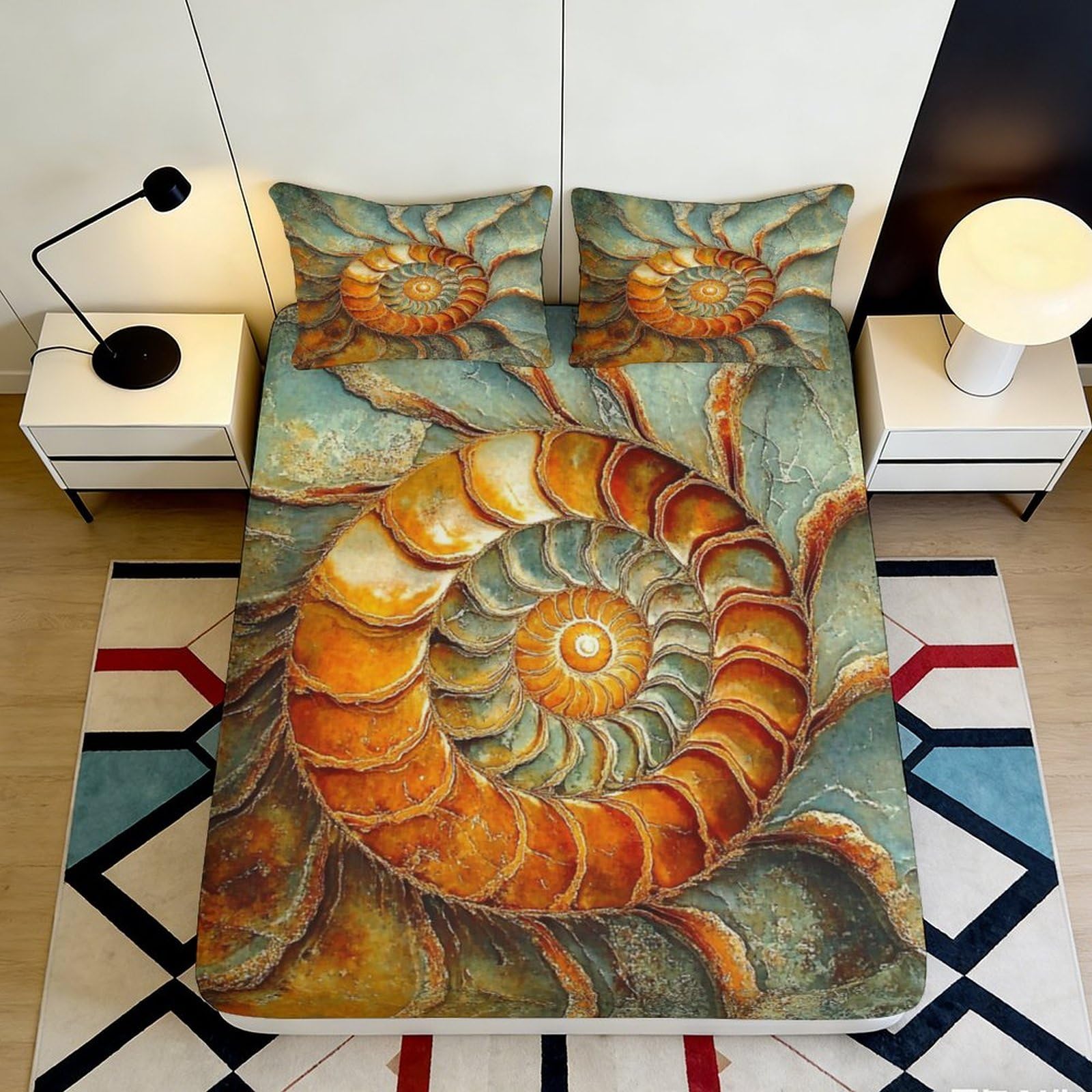 3D Printed Nautilus Spiral Fitted Sheet Microfiber Anti-Slip Mattress Cover Abstract Shell Bed Decor for Bedroom Dorm 90x200x25cm