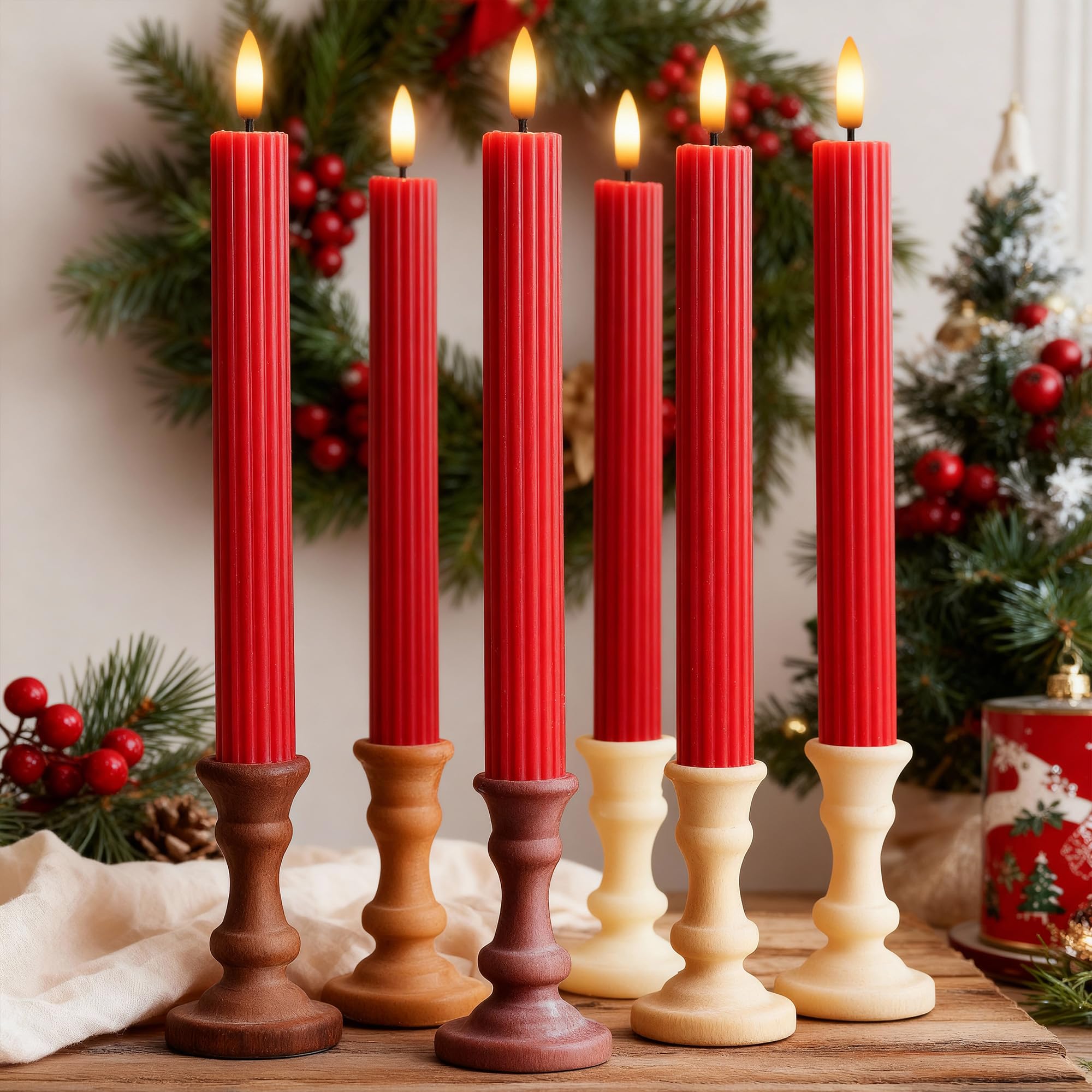 West Ivory 6 Pack, 10" LED Flameless Red Fluted Ribbed Grooved Taper Candles, Remote & 24h Timer Memory, On/Off Button, Dimmable, Flicker Mode, Battery Operated, Christmas Menorah Wedding