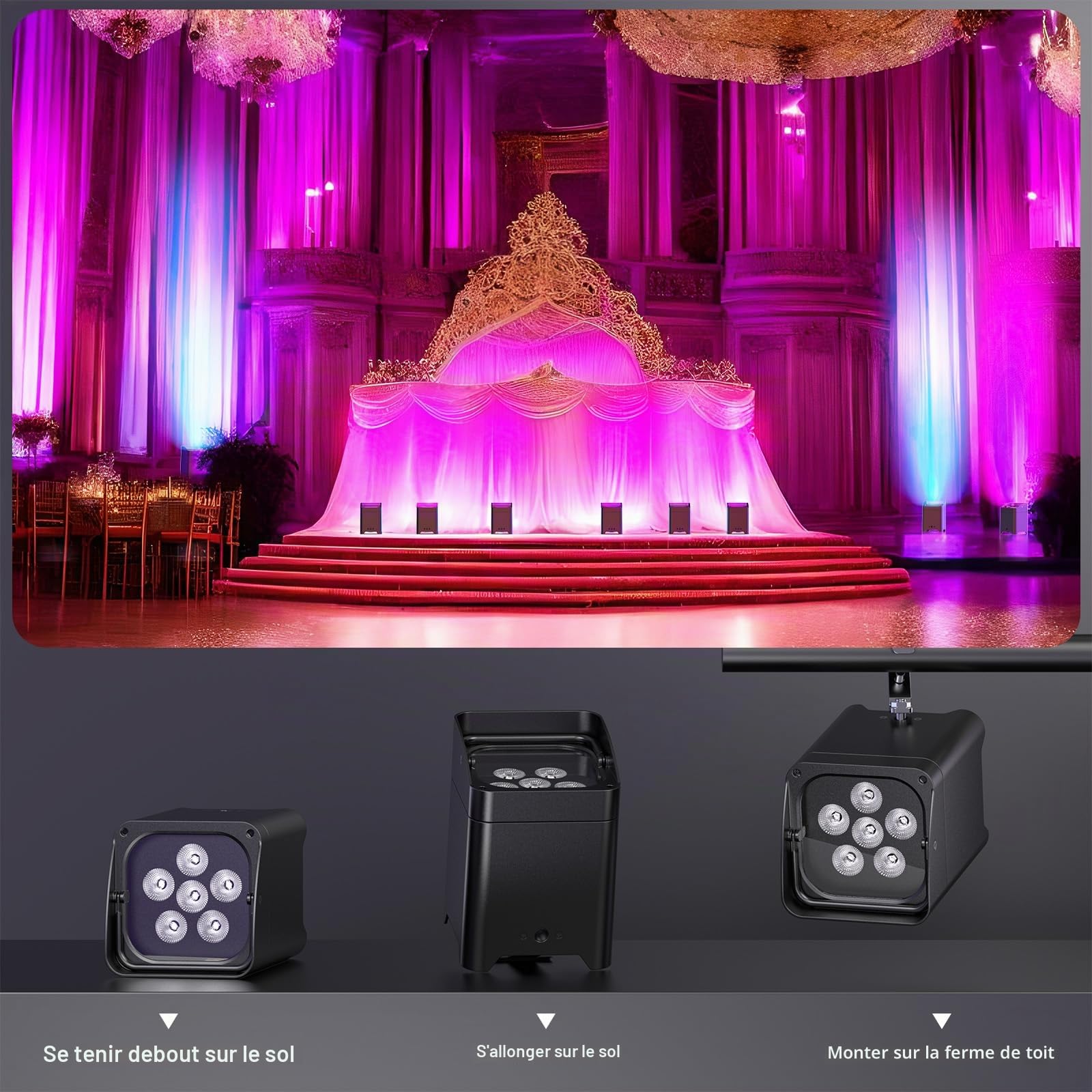 Lot de 4 projecteurs LED 108 W RGBWA-UV - Contrôle par application avec paquet lumineux - Batterie LED avec DMX et télécommande - Pour fête, Halloween, Noël