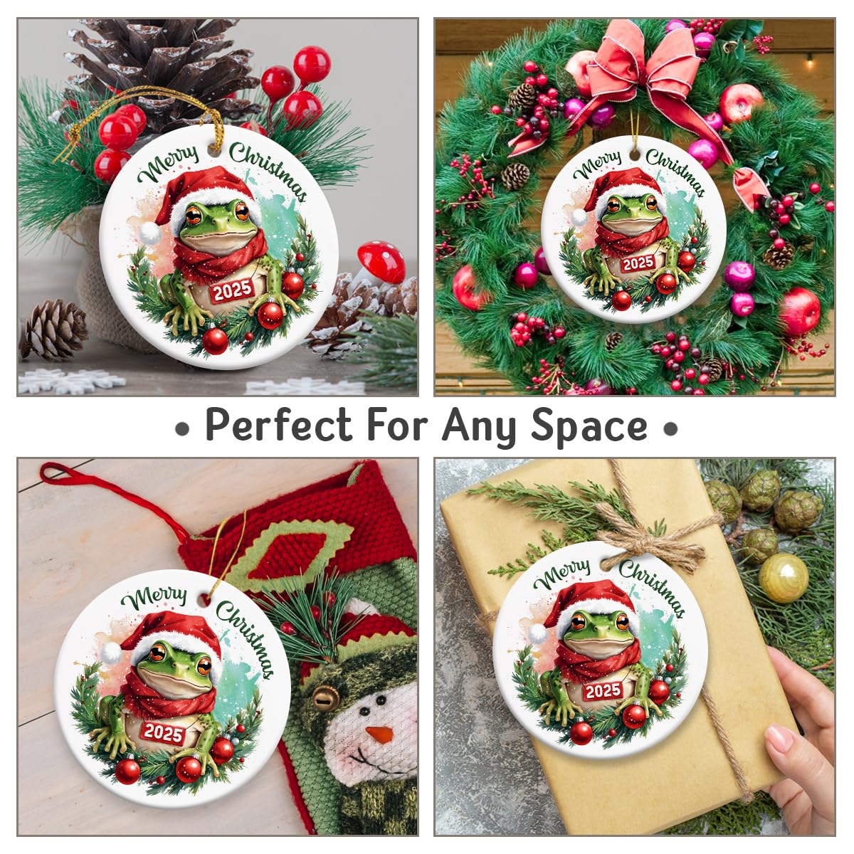 Lustiger Frosch Weihnachtsschmuck 2025, festliche Geschenke für Tierliebhaber, Herpetologie-Fans, niedlicher Weihnachtsmann Frosch Baumdekor mit rotem Schal, natürliches Leben Keramik Ornament für