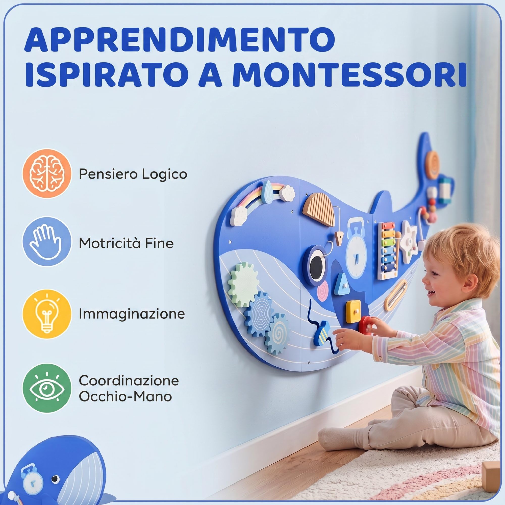 AIYAPLAY Busy Board Montessori in Legno 13 in 1 per Bambini da 2 Anni, Blu | Pannello Sensoriale da Parete a Tema Balena, con Ingranaggi, Percorsi con Perline, Orologio, Attività Musicali