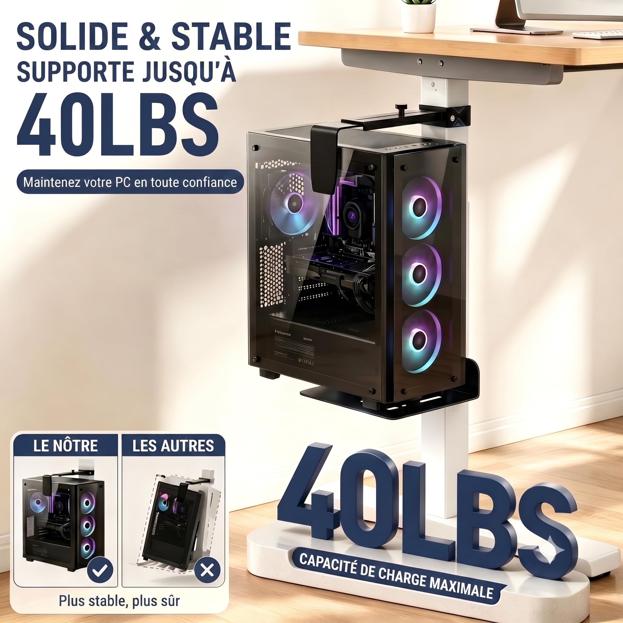 MIHAWK Support PC sous bureau sans perçage pour pied 80x50 mm Noir | Sans perçage，Compatible avec pieds 80 × 50 mm，Pour bureaux réglables en hauteur，Supporte jusqu'à 18 kg