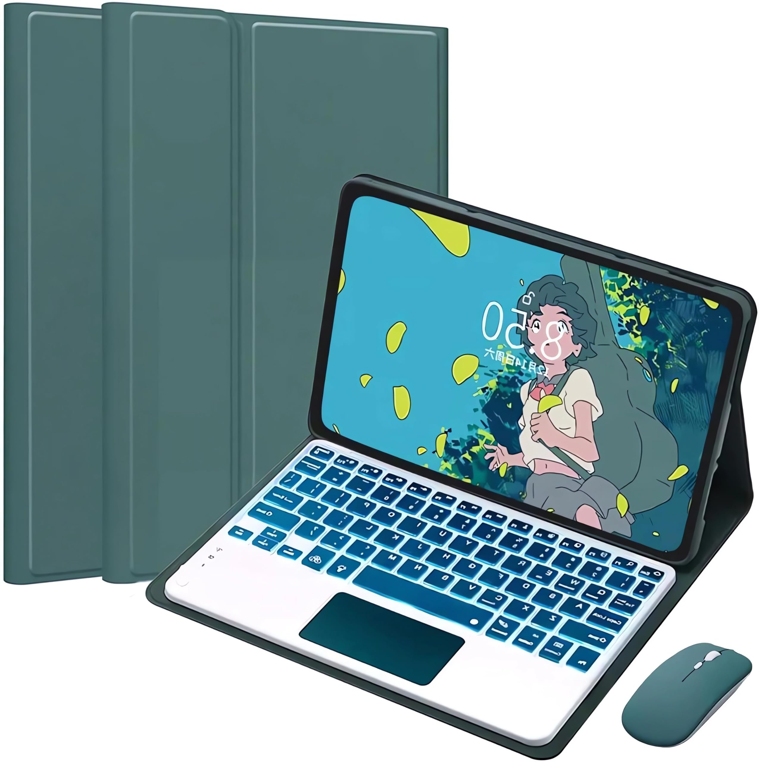 Etui na klawiaturę dla Xiaomi Redmi Pad SE 11Inch 2023 z myszą, odłączana bezprzewodowa klawiatura Bluetooth z uchwytem na rysik, 7-kolorowa podświetlana klawiatura z touchpadem,Dark green