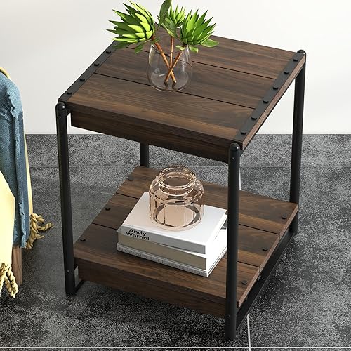 Miniatura 7 de Mesa auxiliar, mesa auxiliar cuadrada moderna industrial, mesita de noche de madera con marco de metal de 2 niveles, mesas auxiliares, muebles para