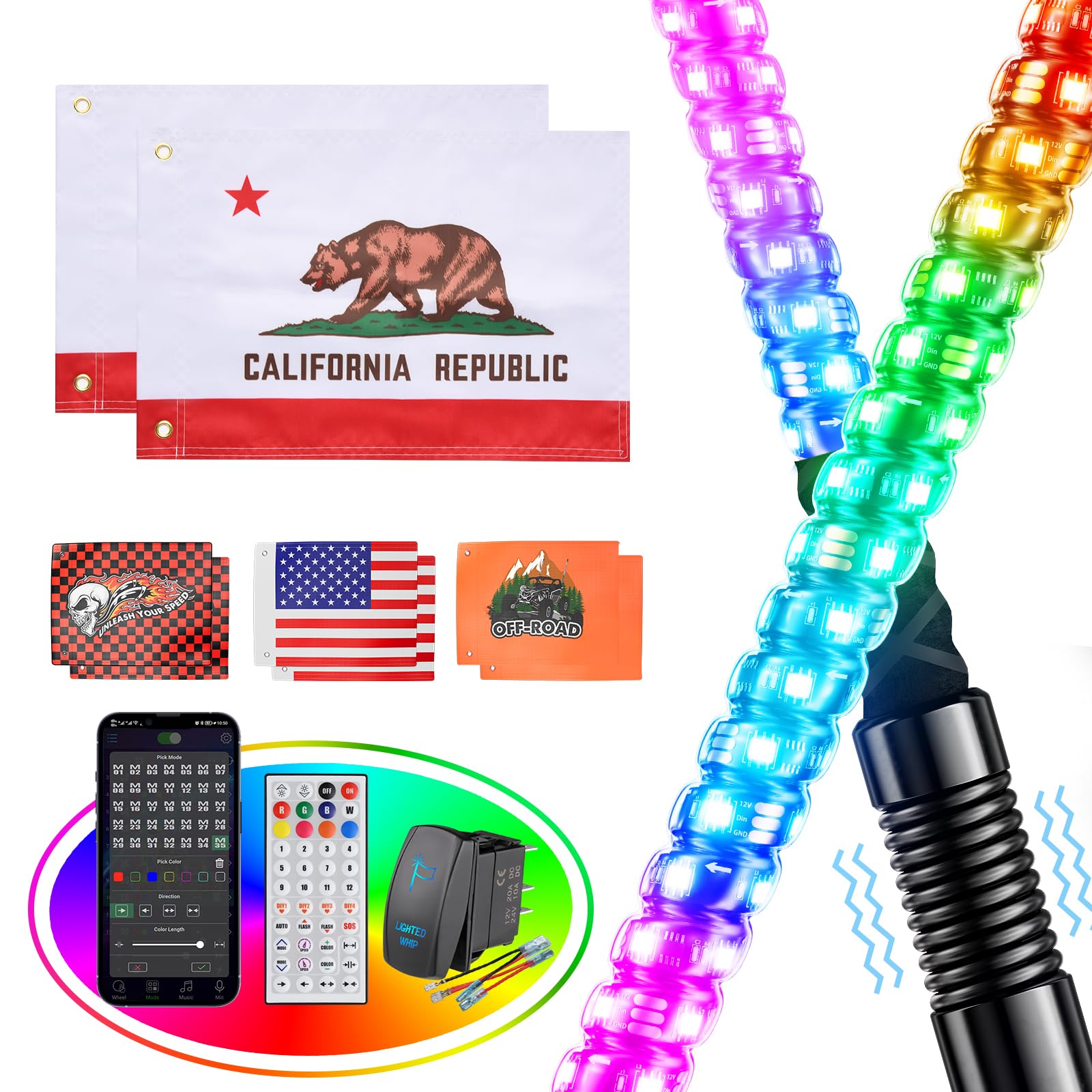 Ehaho2PCS 4FT Whip Lights for UTV ATV with Spring Base, Tripled Brighter Led Whip Light W/Rocker Switch & 6 Flags(Includes California Flags), Spiral Chasing Lighted Antenna Whip with APP & Remote Con