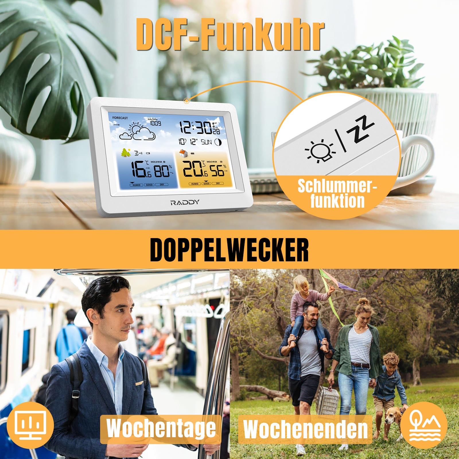 Raddy WM6 Wetterstation funk mit Außensensor Wireless Indoor Outdoor Thermometer Hygrometer Barometer mit eingebautem 2000mAh Akku, DCF-Funkuhr, Wettervorhersage, Schimmelpilzwarnung für Zuhause