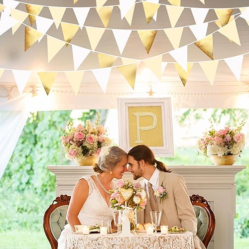 Vista 21 de Decoración de fiesta iridiscente de 33 pies, tela holográfica, banderín triangular, banderín de algodón, guirnalda de banderines para cumpleaños