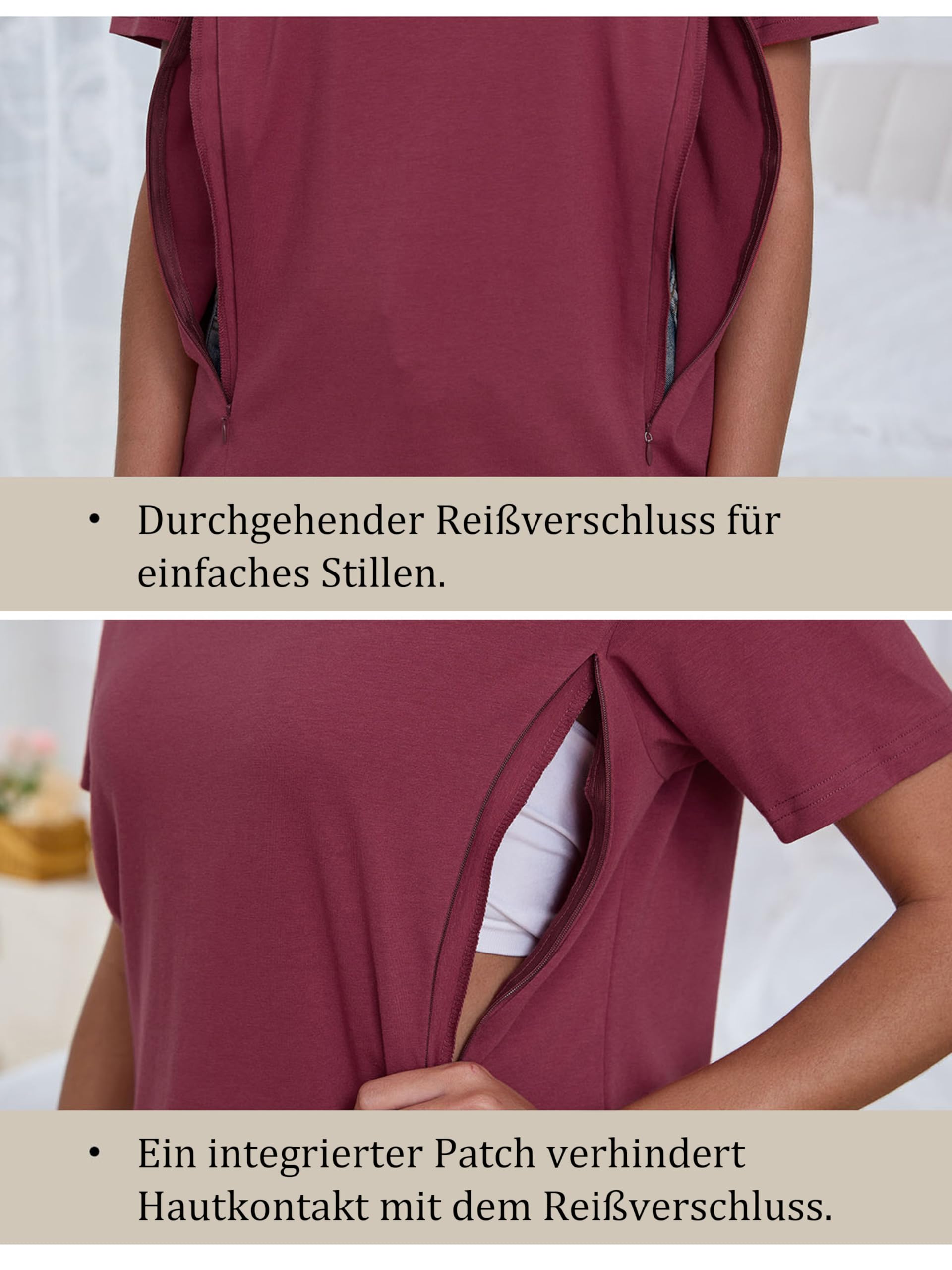 Ecavus 3er Pack Damen Stillshirt mit Verstecktem Reißverschluss Mode Seitenschlitze Stilltee Kurzen Umstandsmode