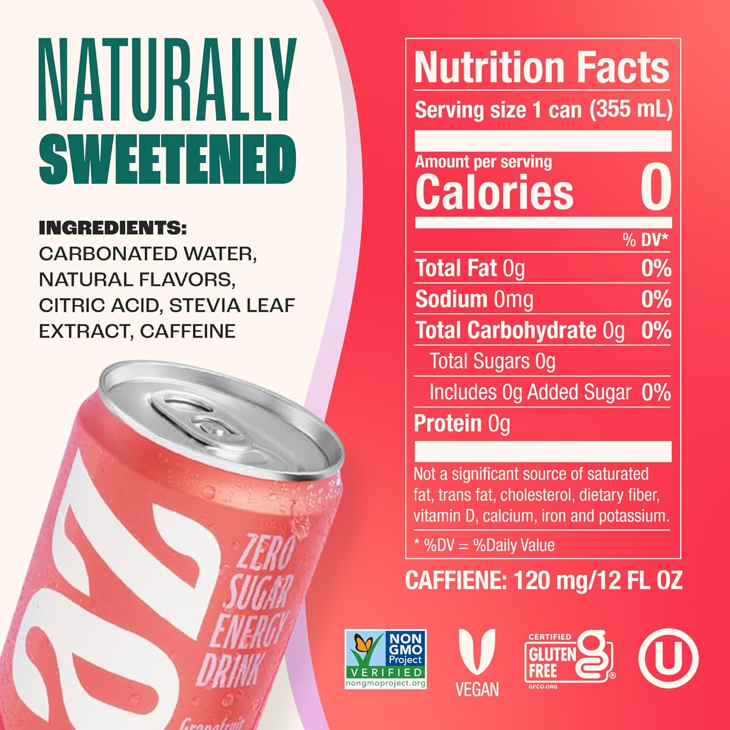 Zevia Zero Sugar Energy Drink, Grapefruit, 12 oz Cans (12-Pack) – Naturally Sweetened, Non-GMO Project Verified, Gluten-Free, Vegan
