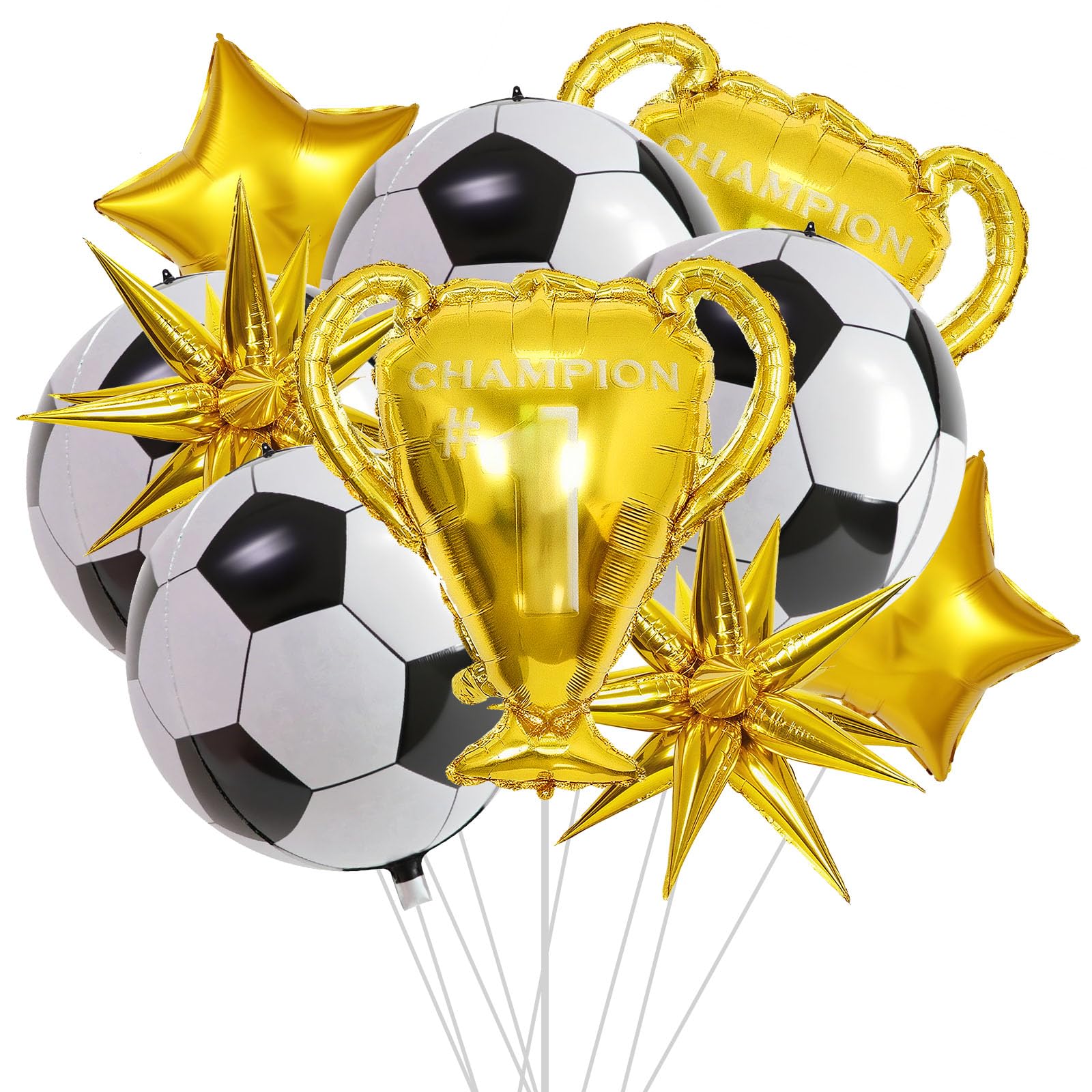 Photo 1 of 10 Pcs 4D Sphere Soccer Balloons Set with Golden Championship Trophy & Star Burst Balloon - Soccer Party Decorations for World Cup Parties, Sports Theme Birthday, Football Fans Party Decoration Supply