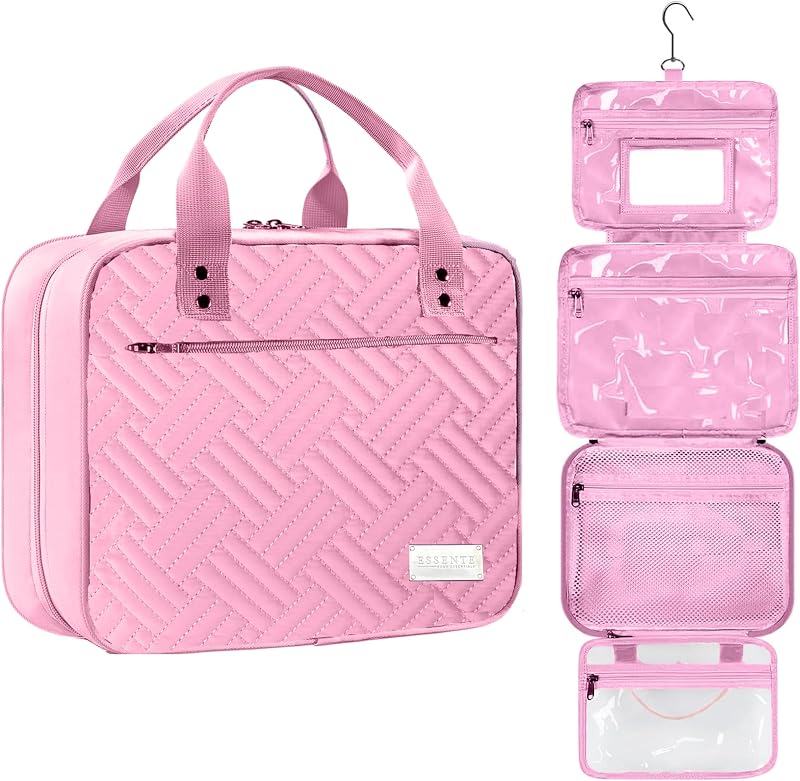 Necessaire de viagem ESSENTE Home Essentials com bolsa removível e gancho, material resistente à água, múltiplos compartimentos, PRETTY IN PINK