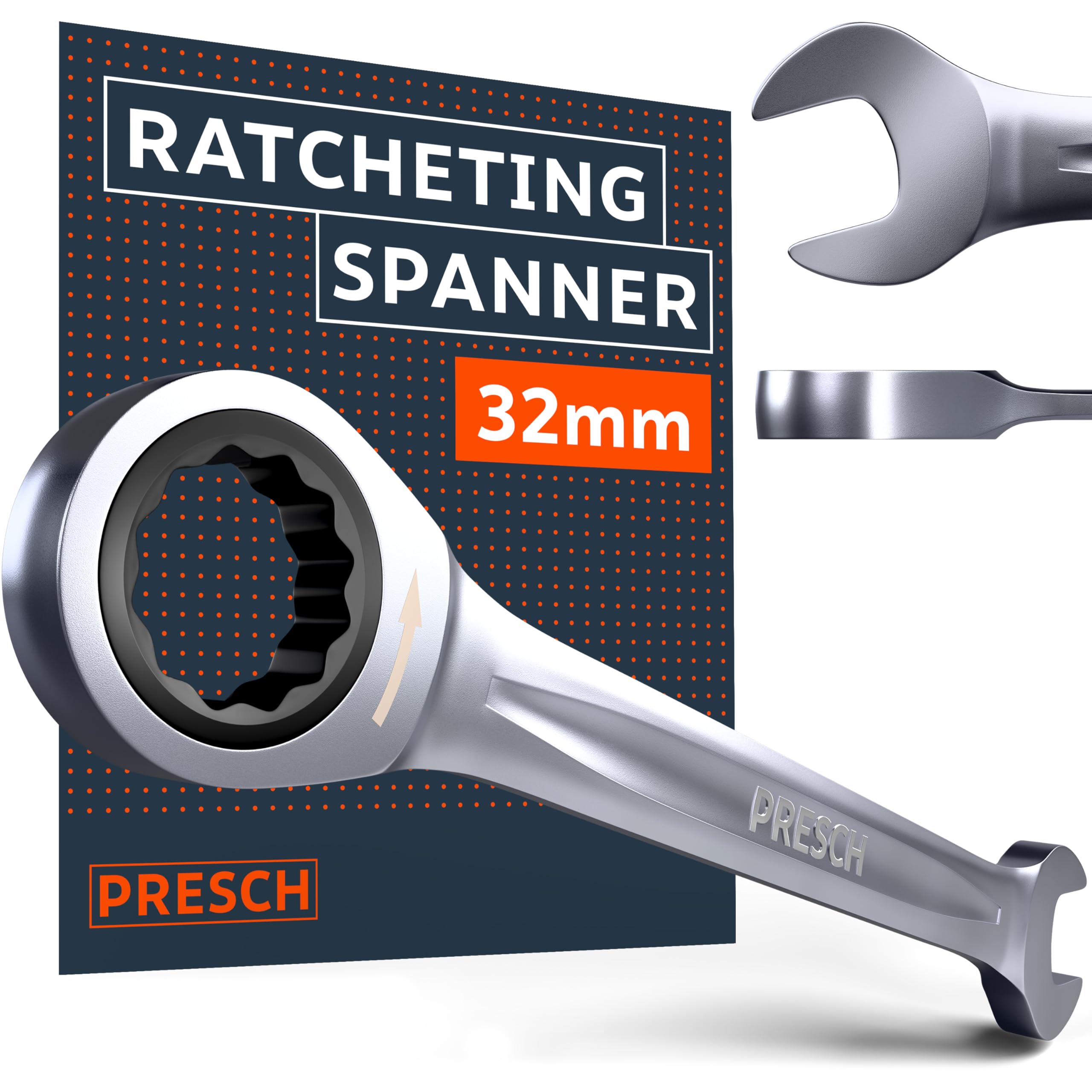 PRESCH Ratchet Spanner 32mm, Minimal Return Angle (2.7°, 135 Teeth), 15° Offset for Tight Spaces, Precision-machined